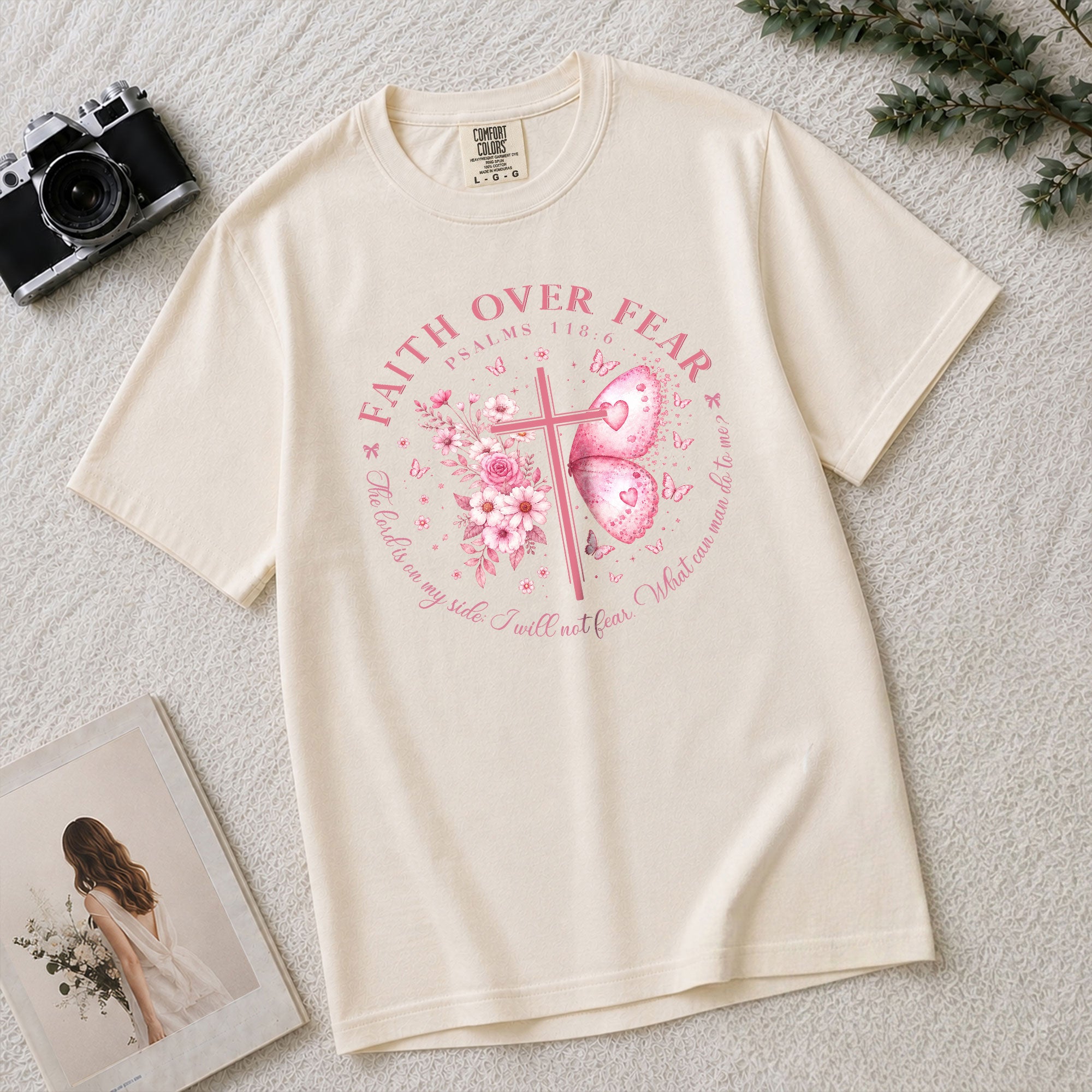 Faith Over Fear Psalms 118:6 Butterfly Cross Christian Graphic Tee For Women Apparel - Rust Field Wear
