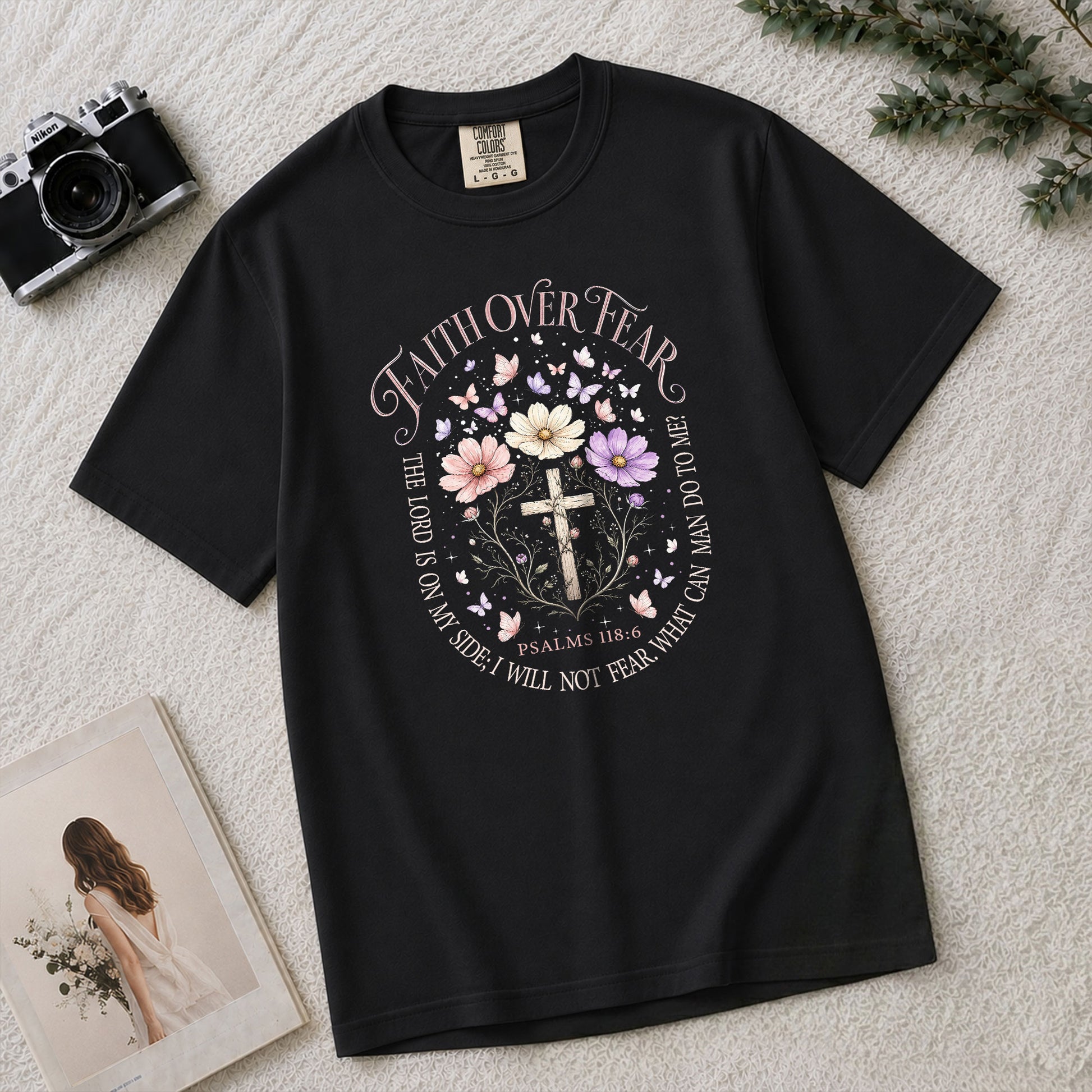 Faith Over Fear Psalms 118:6 Floral Cross Christian Graphic Tee For Women Apparel - Rust Field Wear