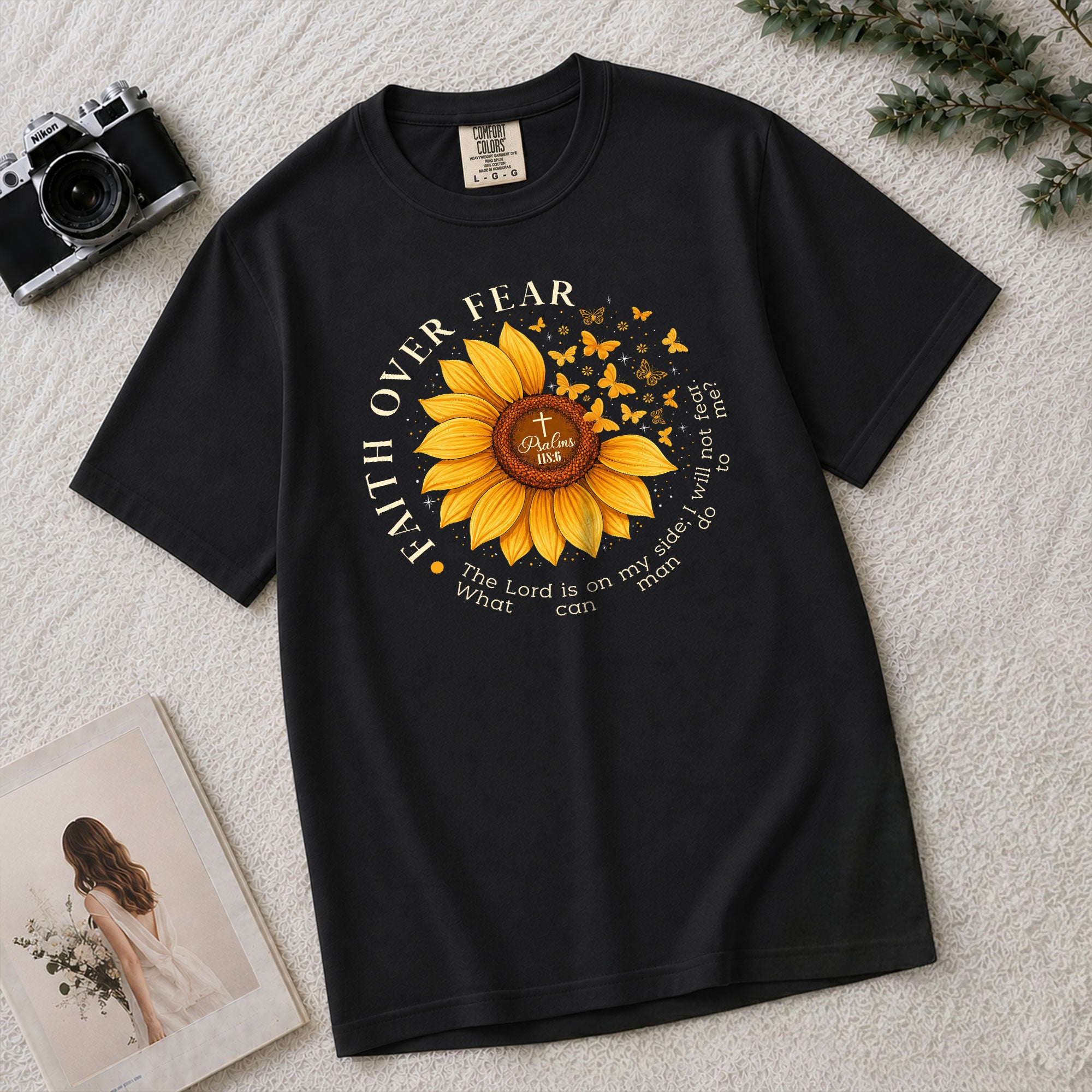 Faith Over Fear Psalms 118:6 Sunflower Butterfly Christian Graphic Tee For Women - Rust Field Wear