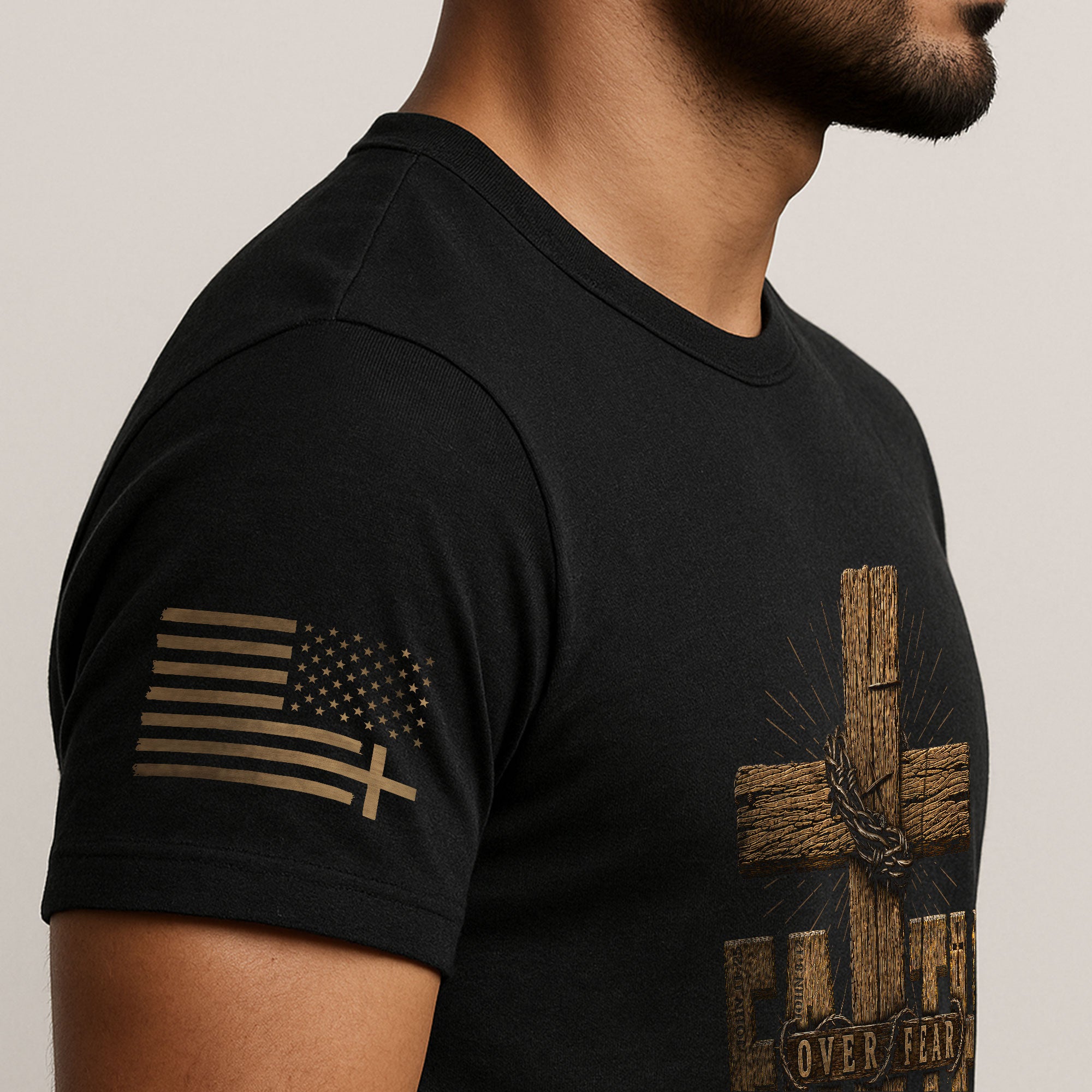 Faith Over Fear Wood Cross Scripture Christian Graphic Tee Shirt For Men Apparel - Rust Field Wear