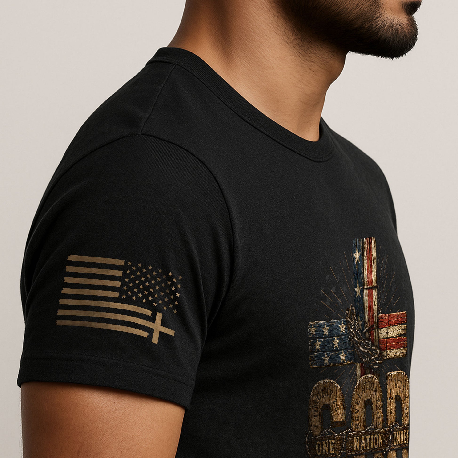 One Nation Under God USA Flag Cross Christian Graphic Tee Shirt For Men Faith Wear - Rust Field Wear