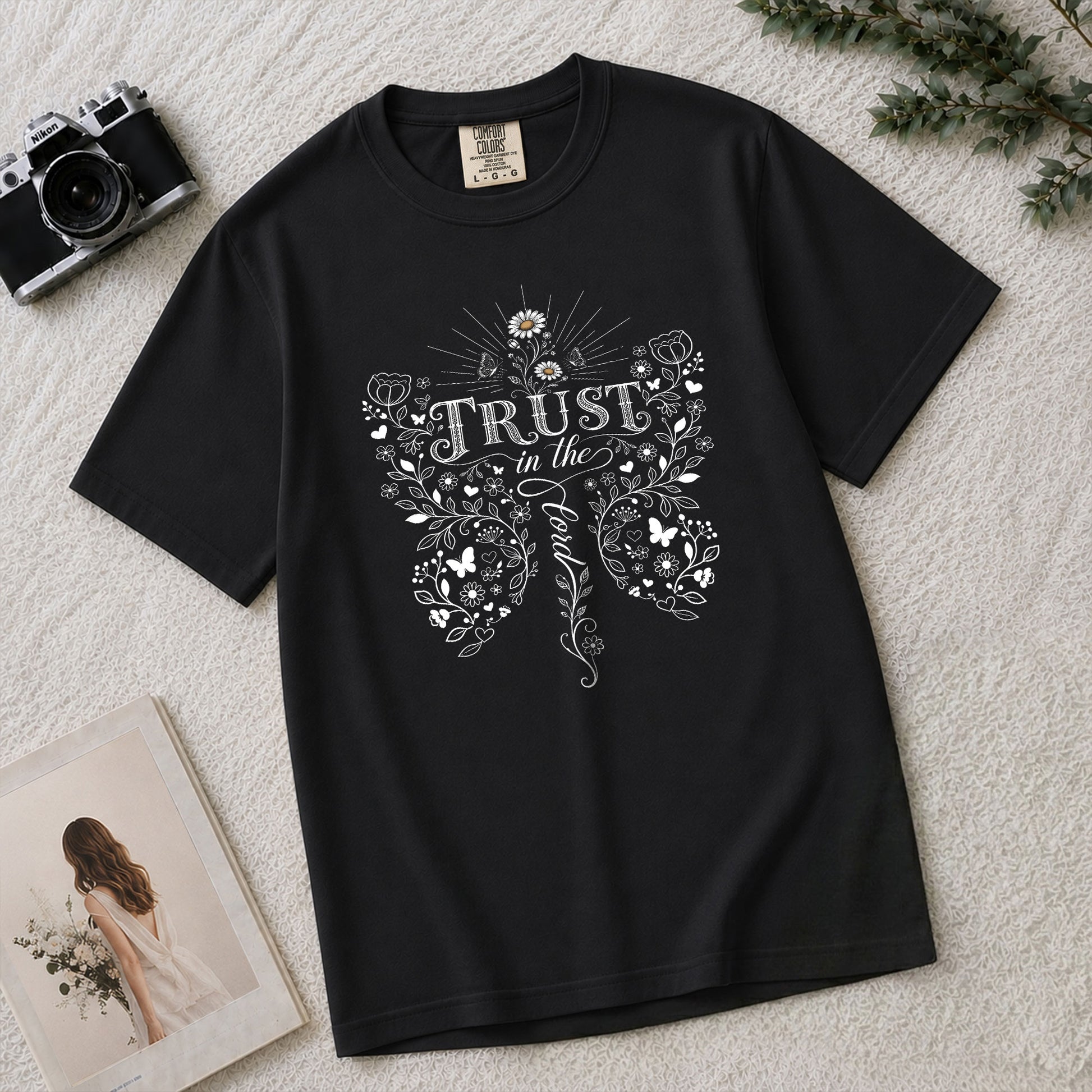 Trust In The Lord Butterfly Floral Christian Graphic Tee Shirt For Women Apparel - Rust Field Wear