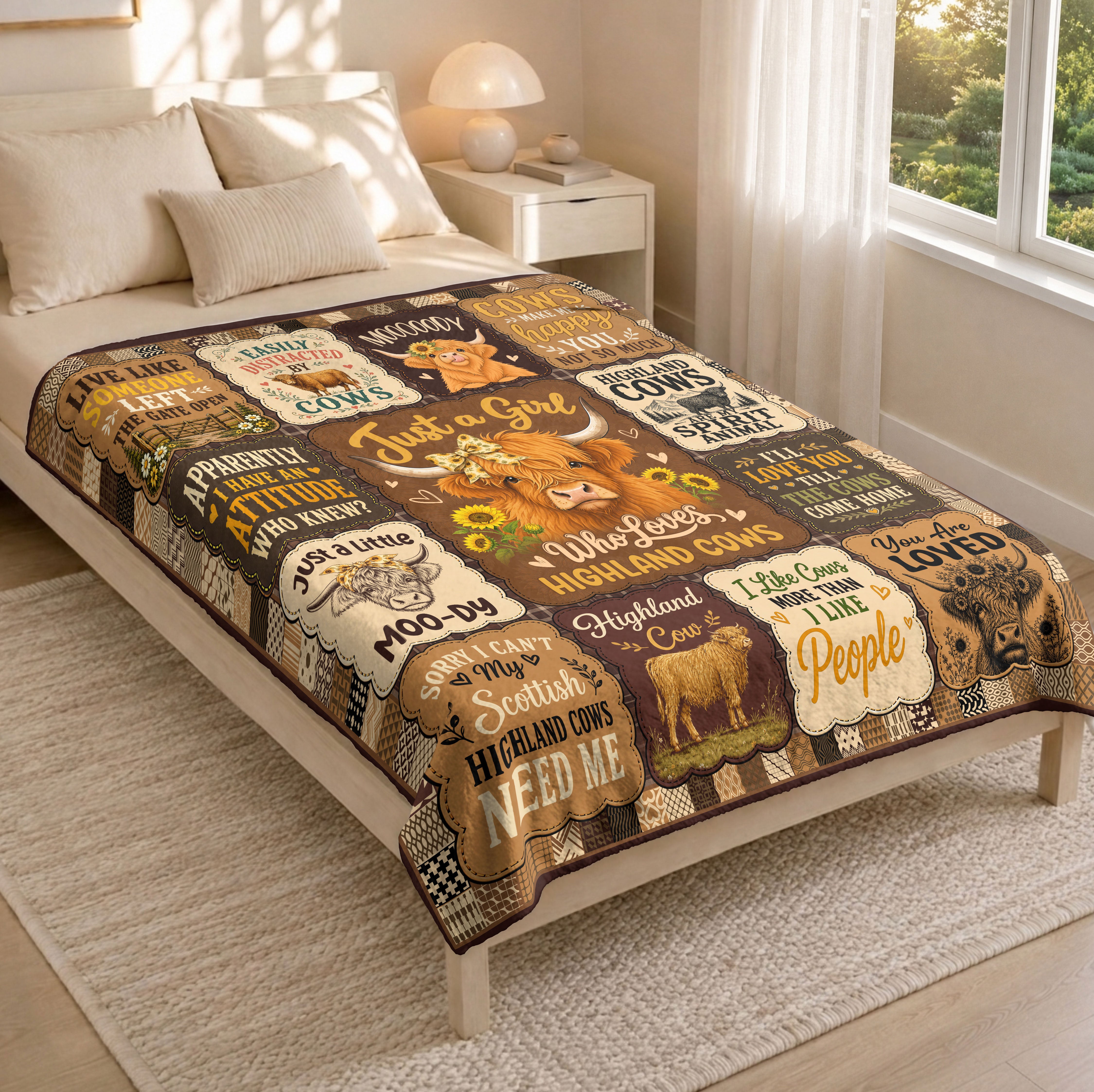 Just A Girl Who Adores Highland Cows Patchwork Throw Blanket Farm Decor Gift Idea