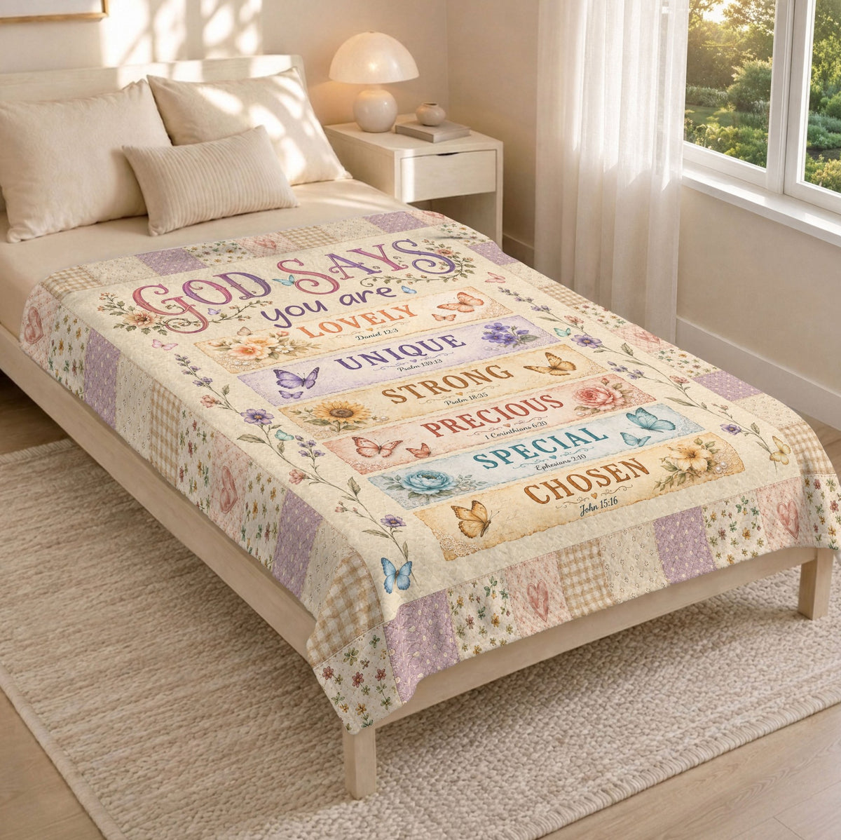 God Says You Are Blanket Floral Patchwork Christian Bible Verse Throw Scripture Gift - Rust Field Wear