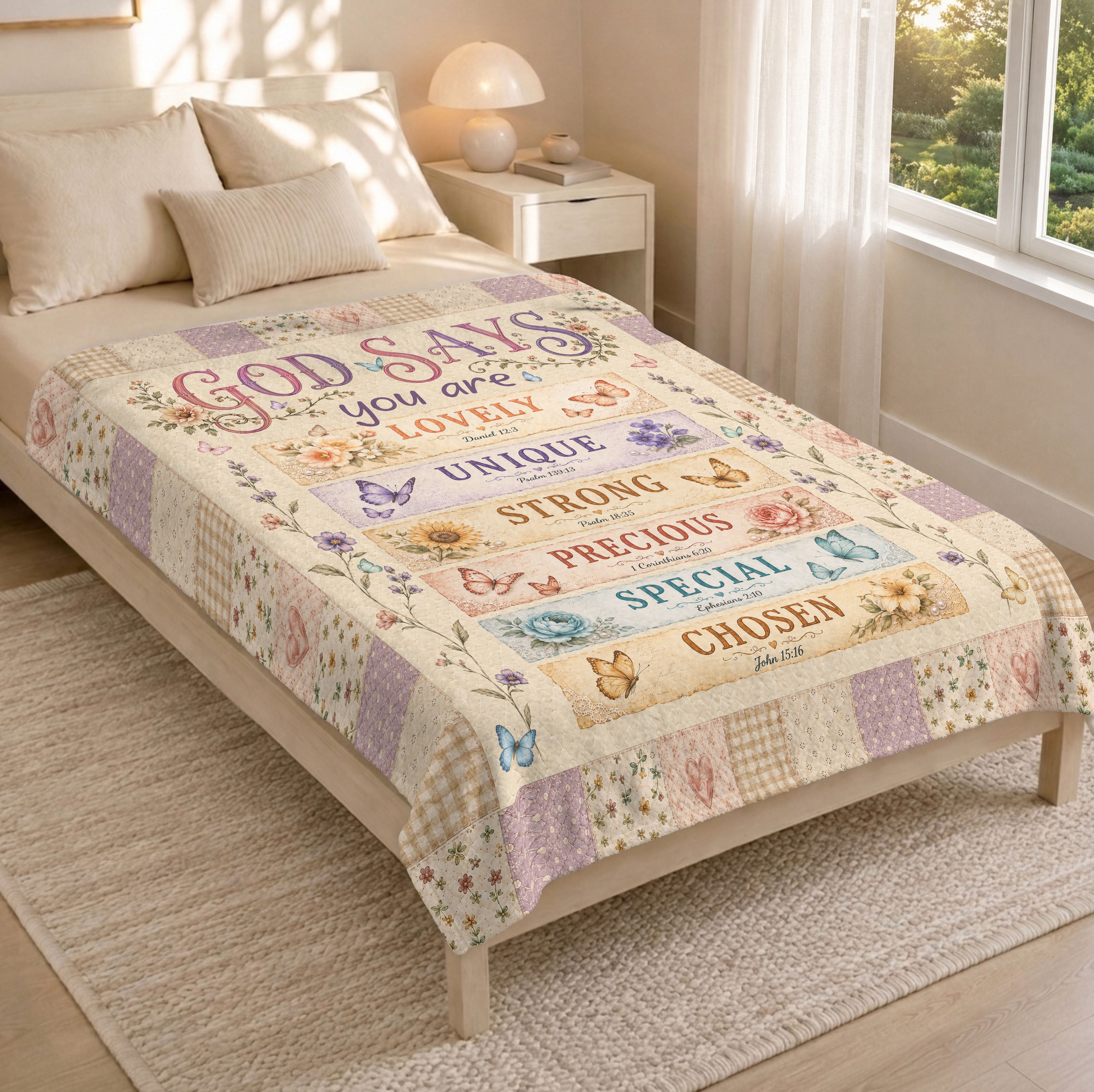 God Says You Are Blanket Floral Patchwork Christian Bible Verse Throw Scripture Gift