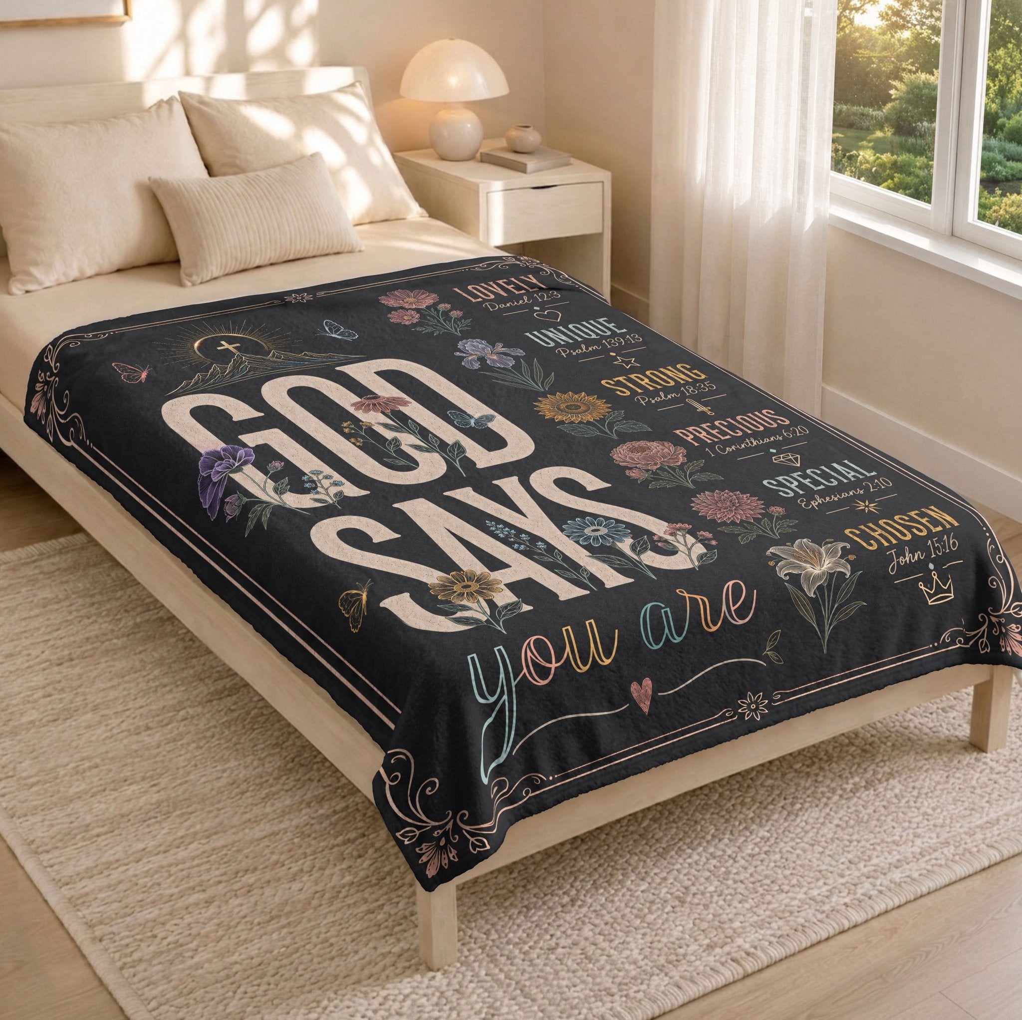 God Says You Are Blanket Black Floral Christian Bible Verse Throw Scripture Gift Cozy - Rust Field Wear