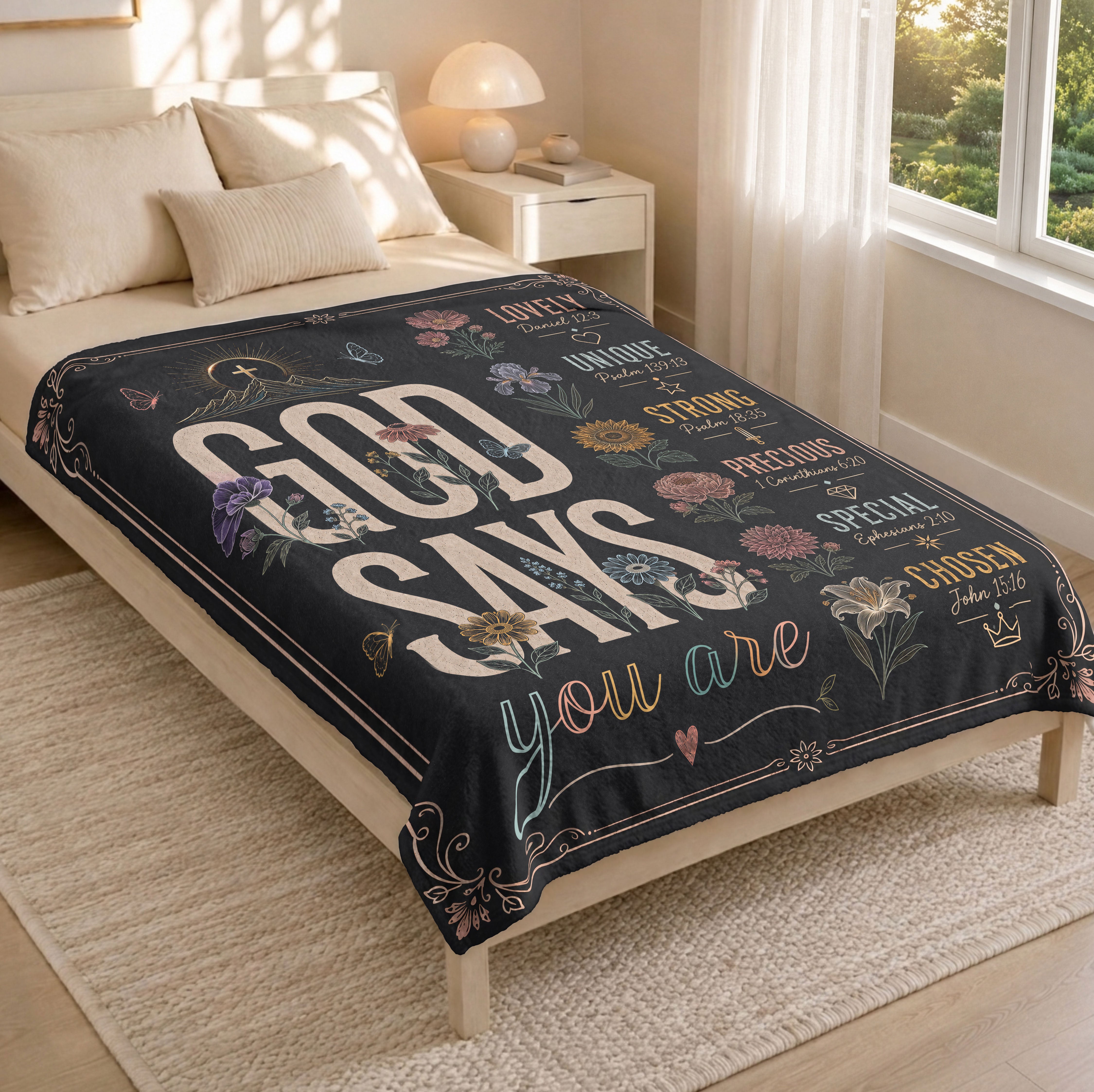 God Says You Are Blanket Black Floral Christian Bible Verse Throw Scripture Gift Cozy