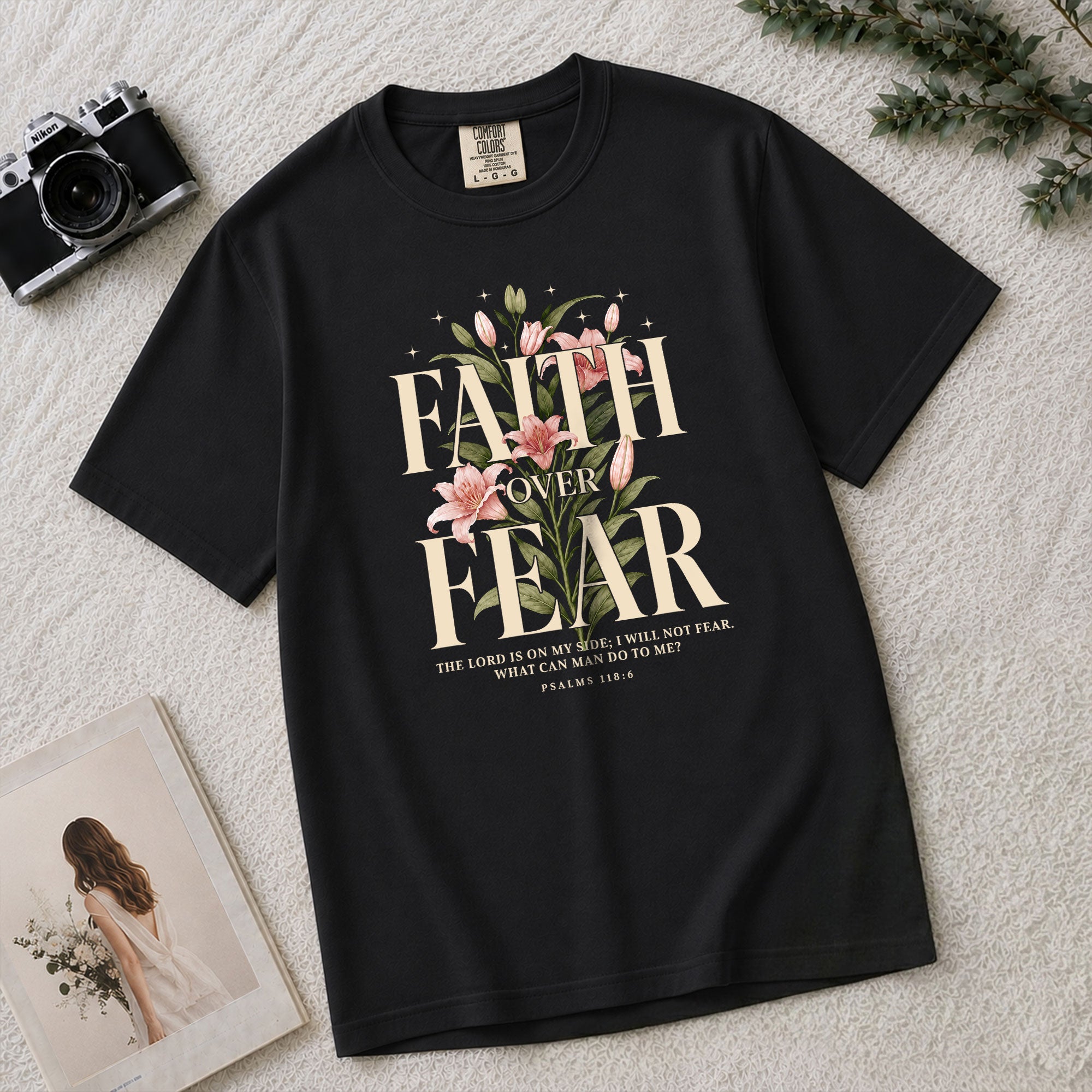 Faith Over Fear Psalms Scripture Lily Floral Blue Christian Tee For Women Apparel