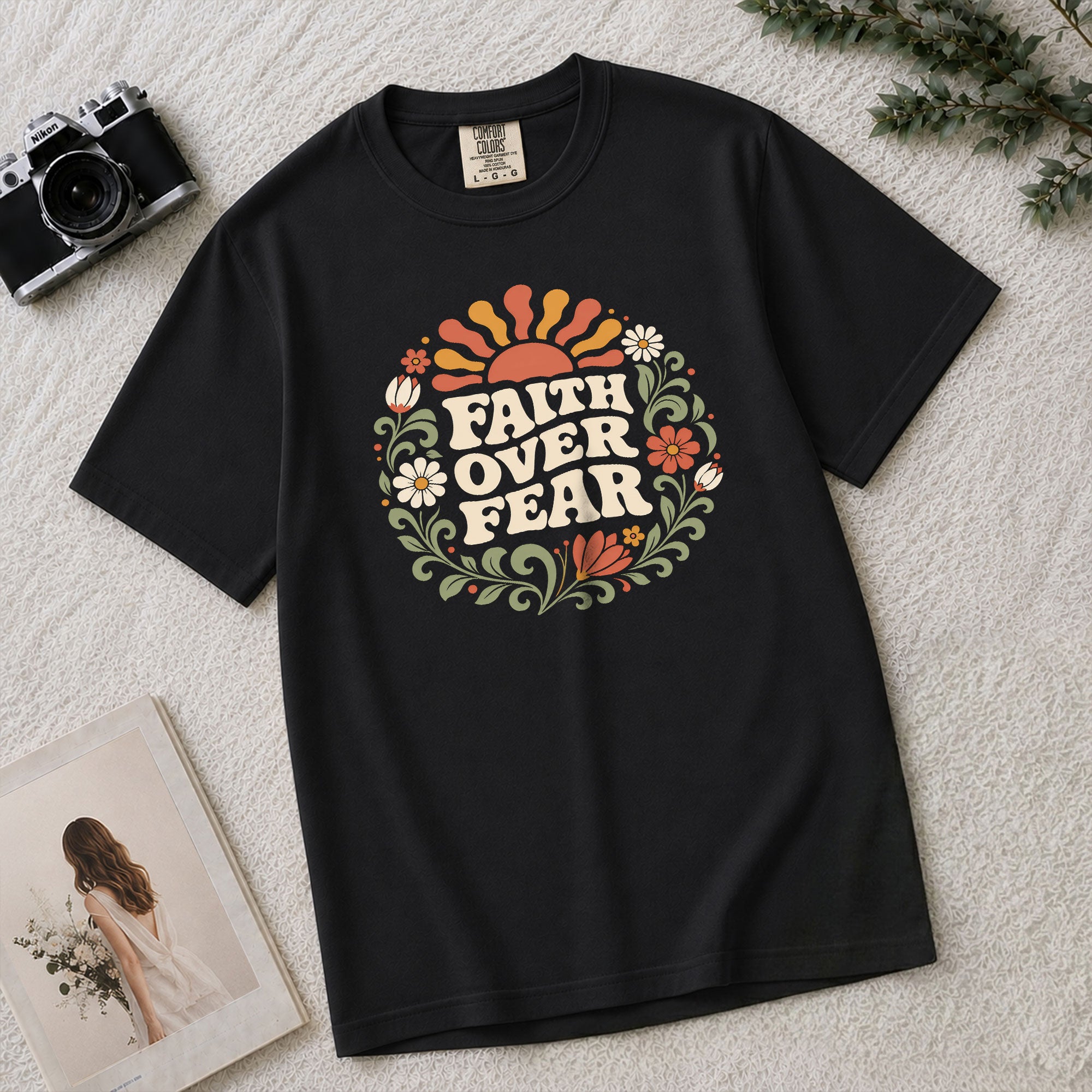Faith Over Fear Retro Floral Sun Blue Christian Tee For Women Daily Graphic Apparel
