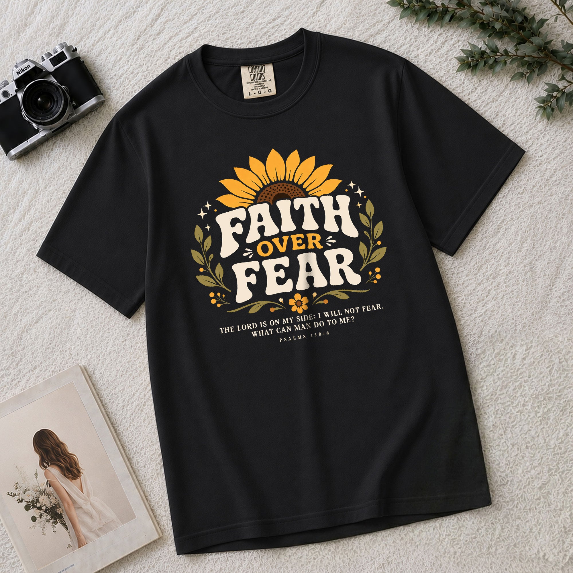 Faith Over Fear Sunflower Psalms Scripture Cute Blue Christian Tee For Women Apparel