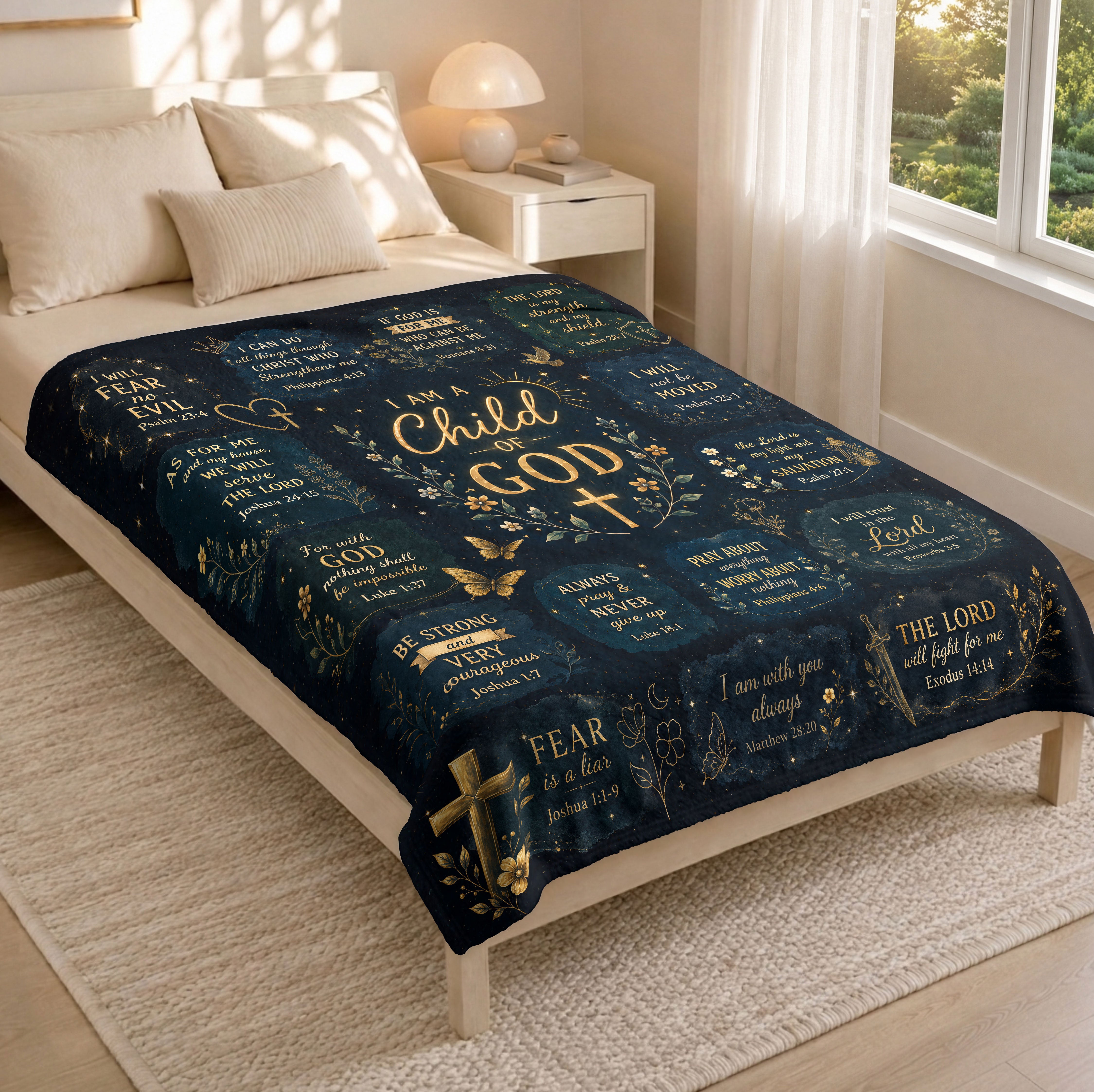 I Am A Child Of God Blanket Black Gold Floral Christian Bible Verse Scripture Decor Gift