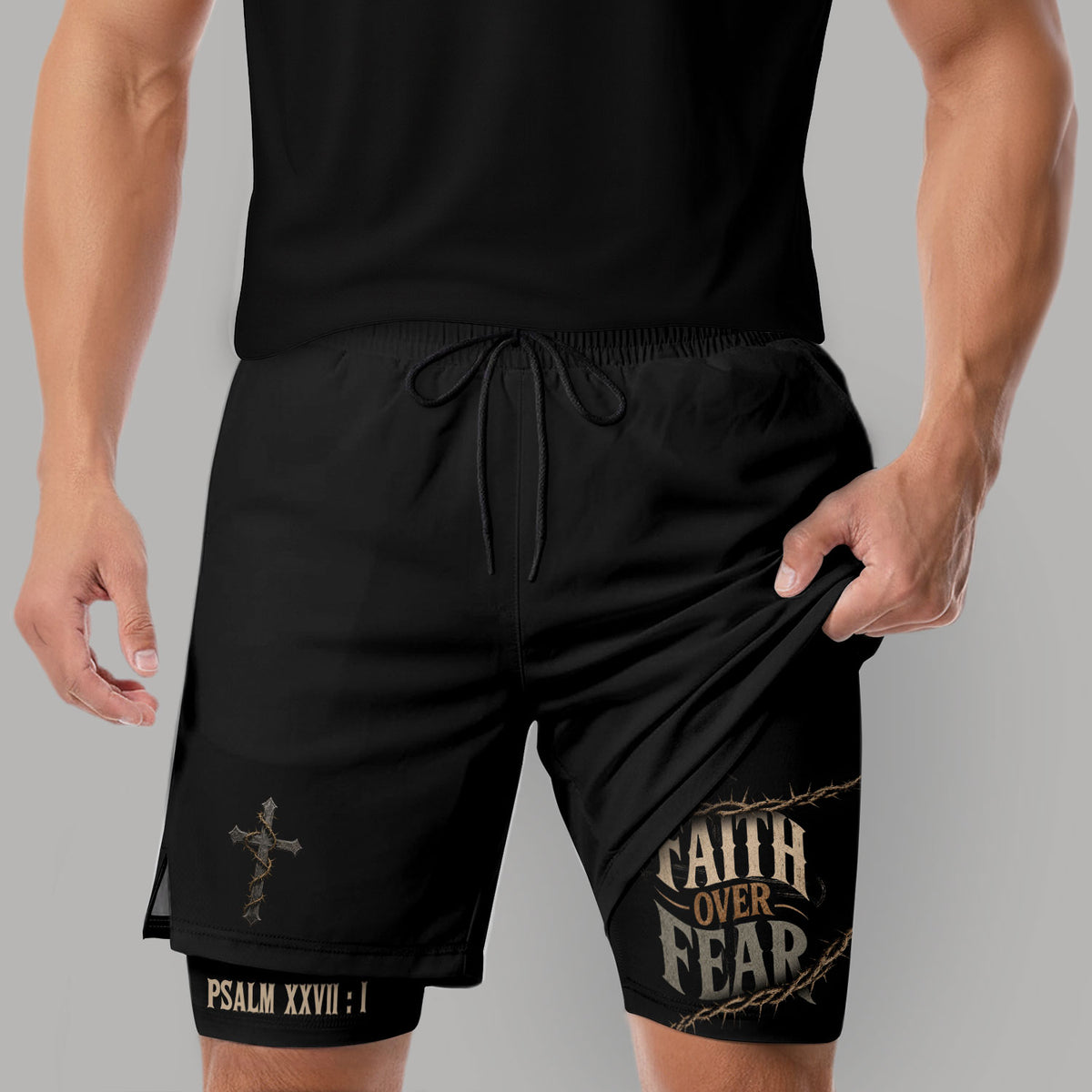 Men's Faith Over Fear Double Layer Track Shorts - Christian Psalm 27:1 Gym Shorts - Rust Field Wear
