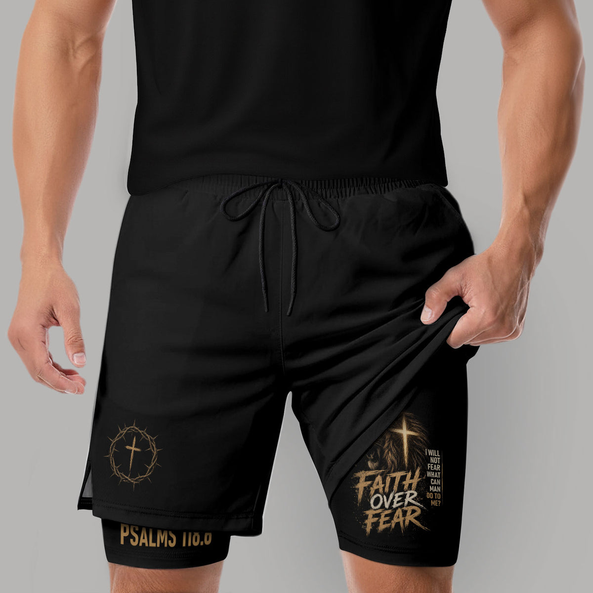 Psalms 118:6 Lion Faith Over Fear Men's Double Layer Track Shorts - Christian Gym Shorts - Rust Field Wear