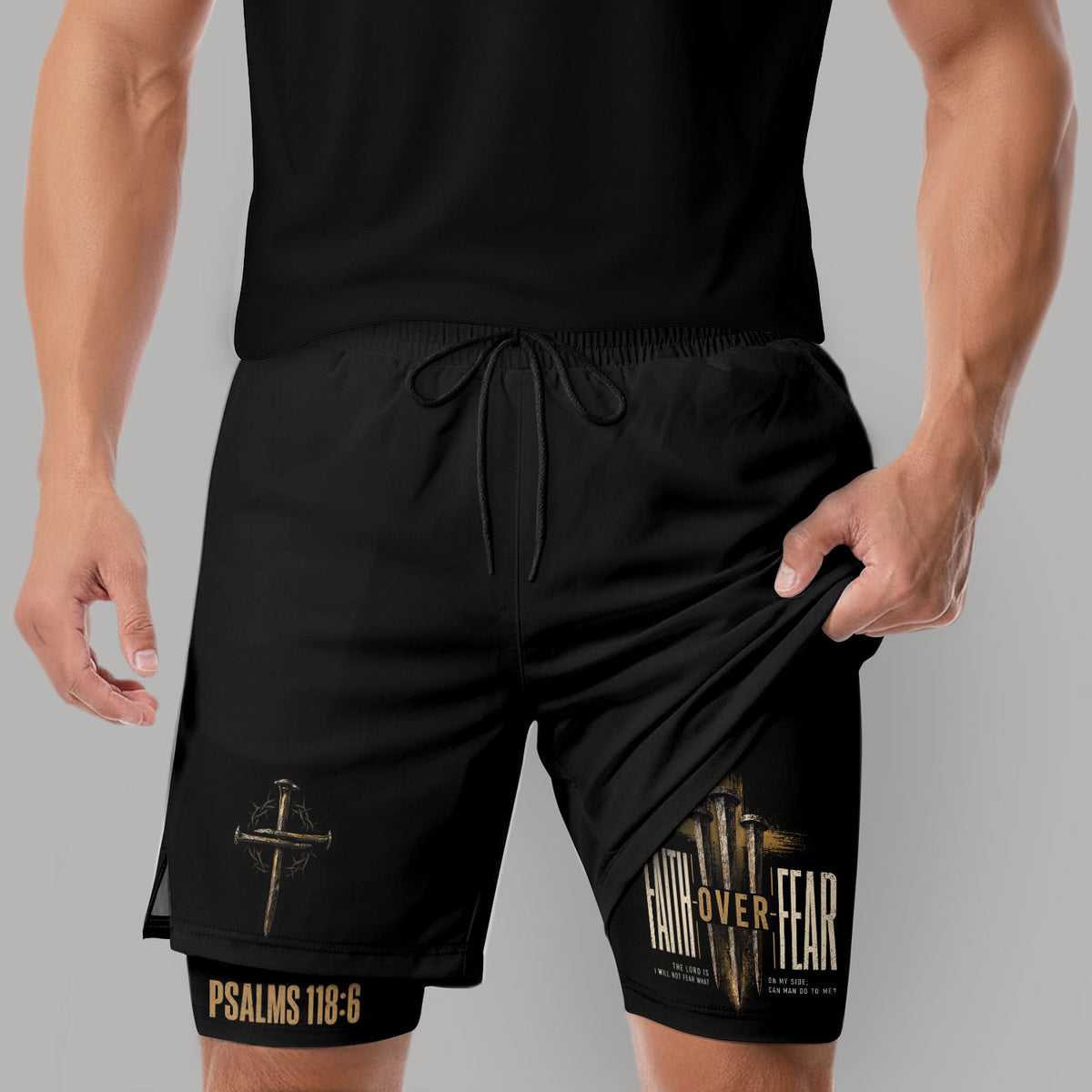 Psalms 118:6 Faith Over Fear Men's Double Layer Track Shorts - Christian Nail Cross Shorts - Rust Field Wear