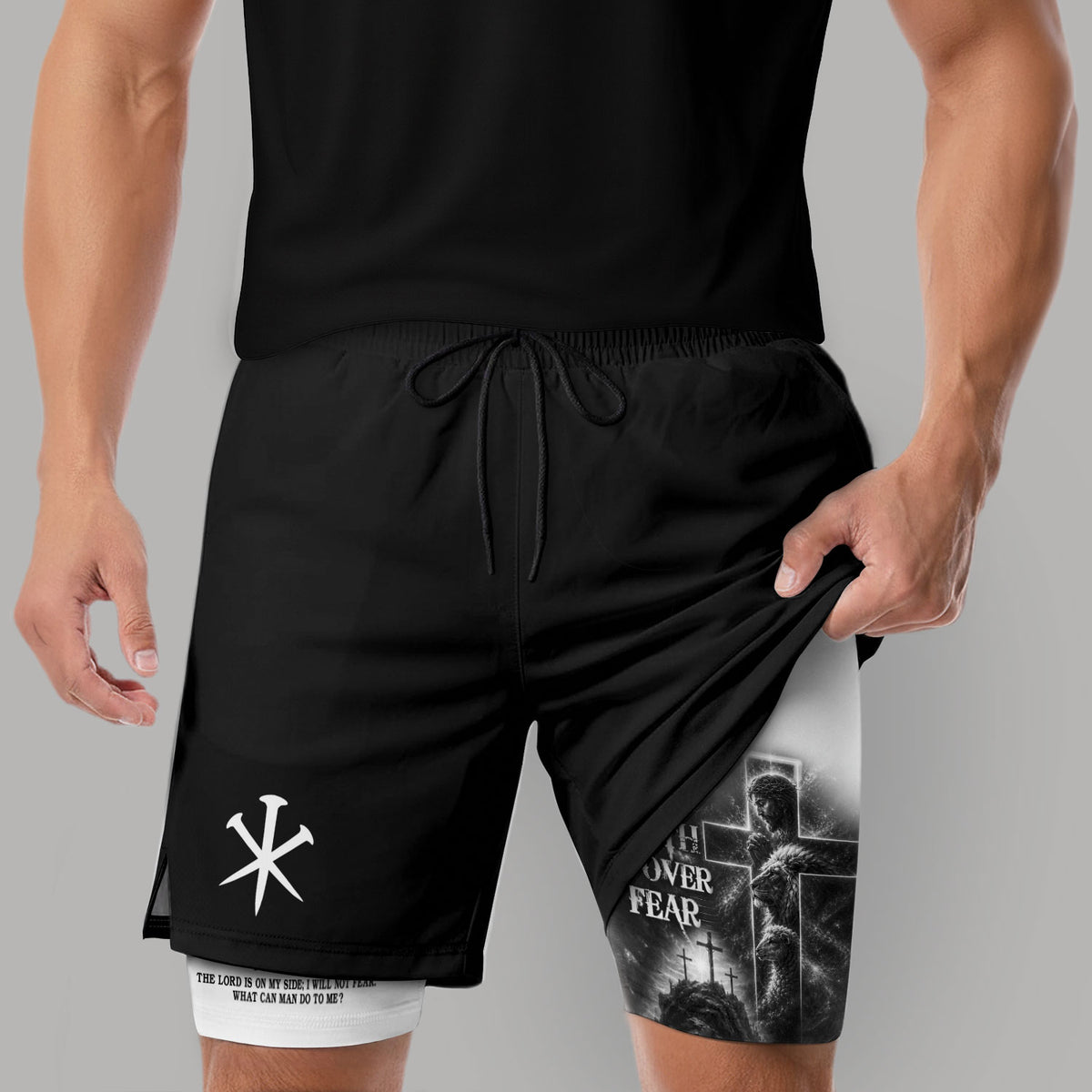 Faith Over Fear Double Layer Track Shorts Mens Christian Athletic Gym Shorts Cross Lion - Rust Field Wear
