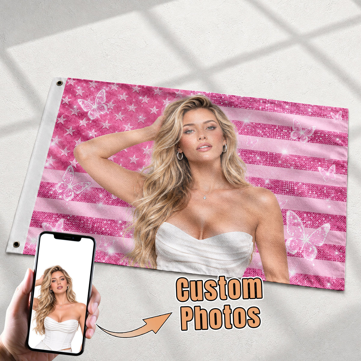 Custom American Photo Flag Pink Glitter American Flag Personalised Butterfly USA Banner