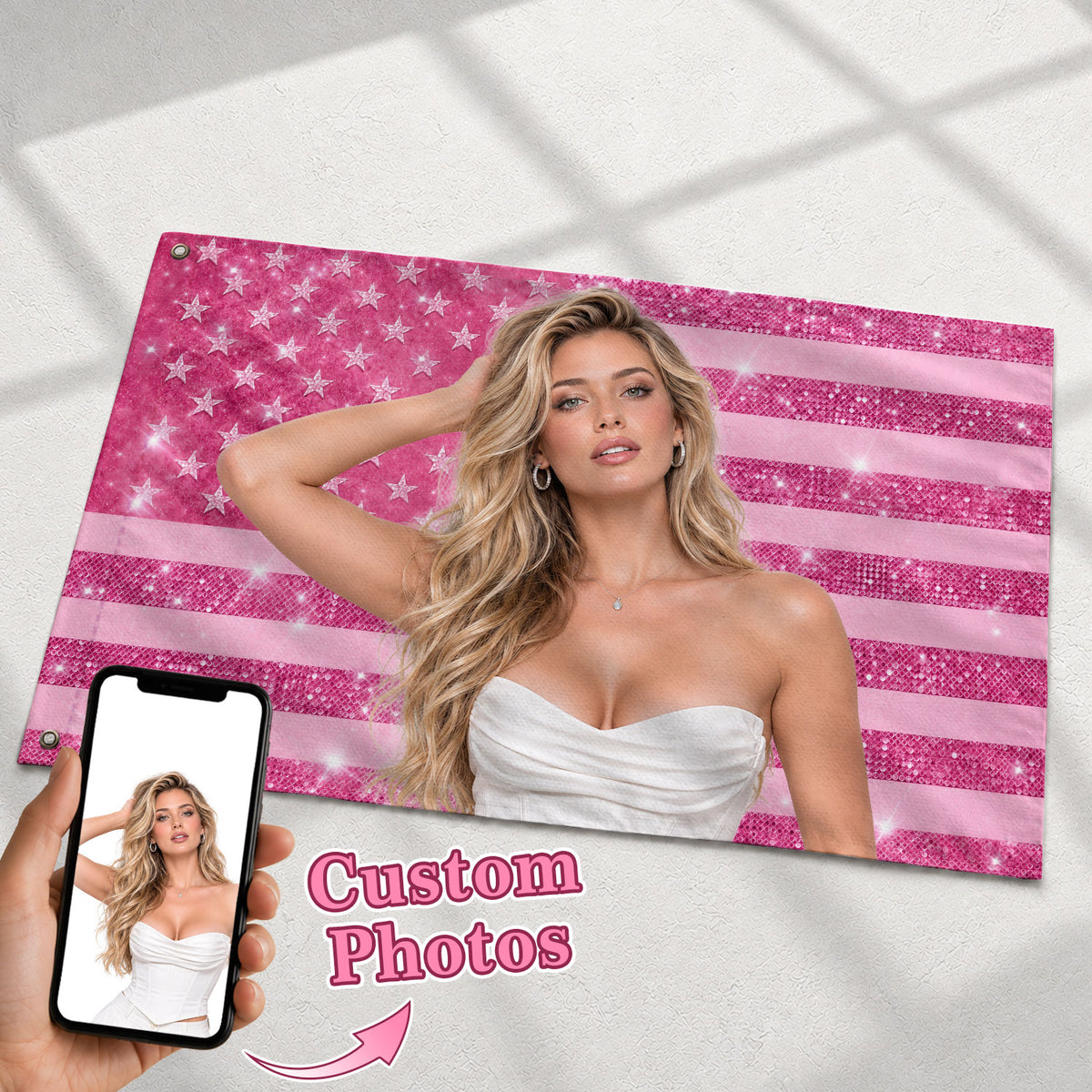 Pink Flag Custom with Pink Glitter Butterfly Photo Collage, Custom Flag with Picture, Pink American Flag Custom, Rustfield Co. - Rust Field Wear