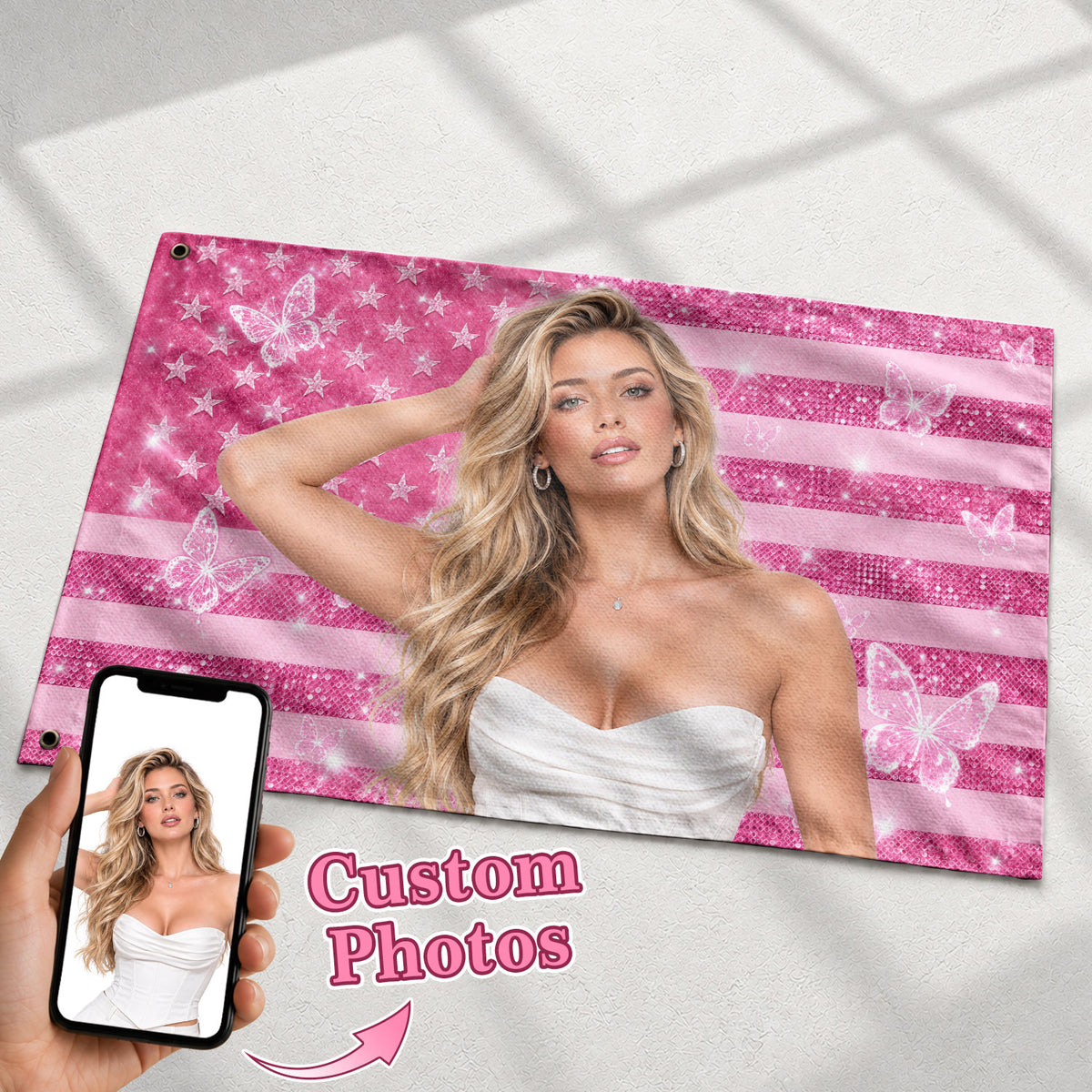 Custom American Photo Flag Pink Glitter American Flag Personalised Butterfly USA Banner