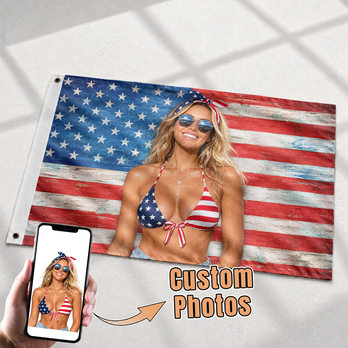 Custom American Flag with Photo Personalized Rustic Wood Picture Flag USA Decor Gift - Rust Field Wear