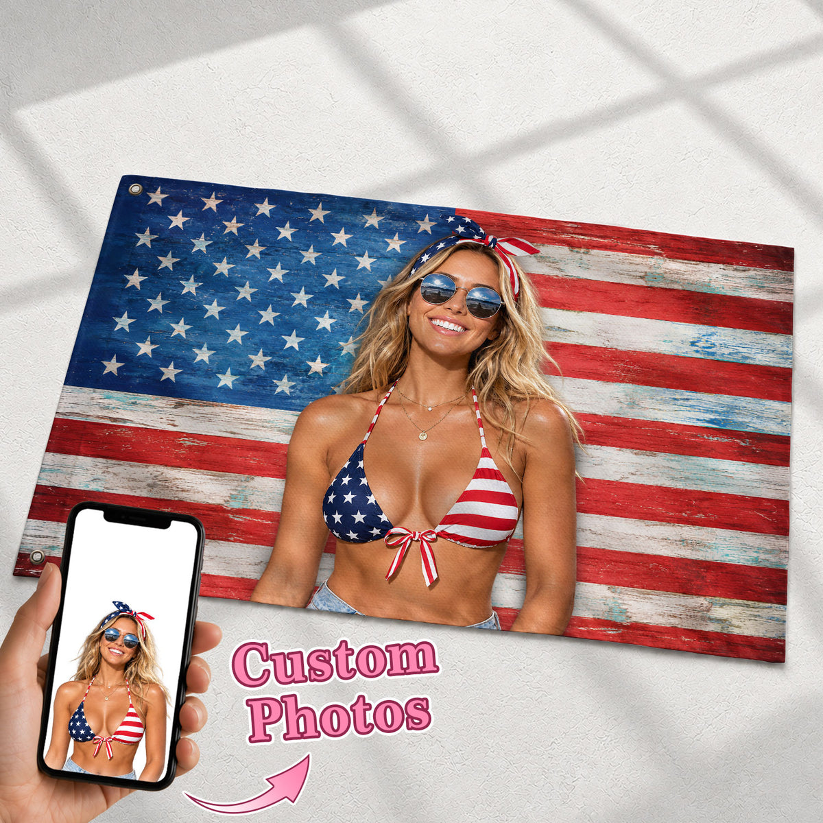 Personalized Rustic Wood Photo Display American Flag Custom, Custom Flag with Picture for Classic Home and Wall Decor, Rustfield Co. - Rust Field Wear