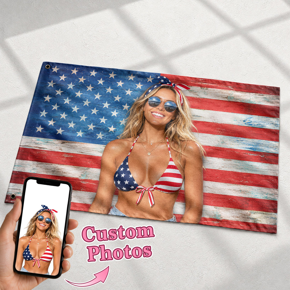 Custom American Flag with Photo Personalized Rustic Wood Picture Flag USA Decor Gift