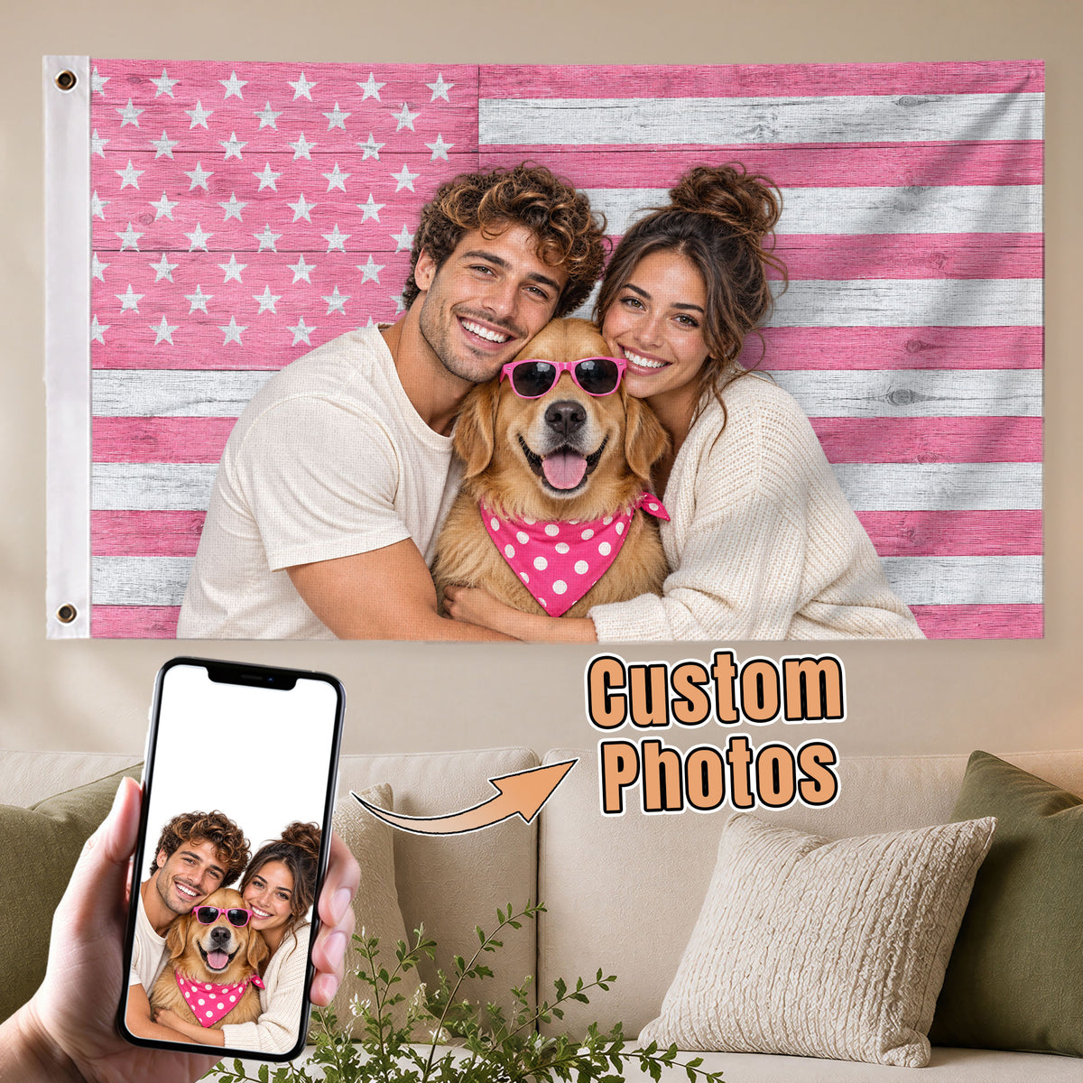 Custom American Flag with Photo Personalized Pink Wood Texture Picture Flag USA Decor - Rust Field Wear