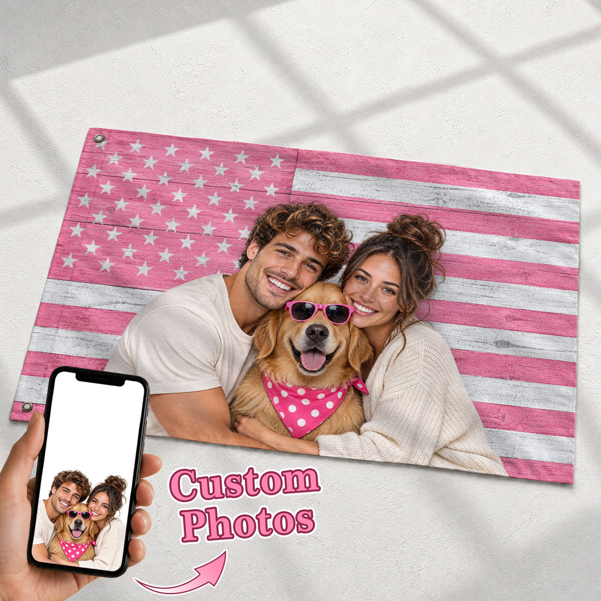 Pink Rustic Wood Photo Display Pink American Flag Custom, Pink Flag Custom, Custom Flag with Picture for Home, Wall and USA Decor, Rustfield Co. - Rust Field Wear