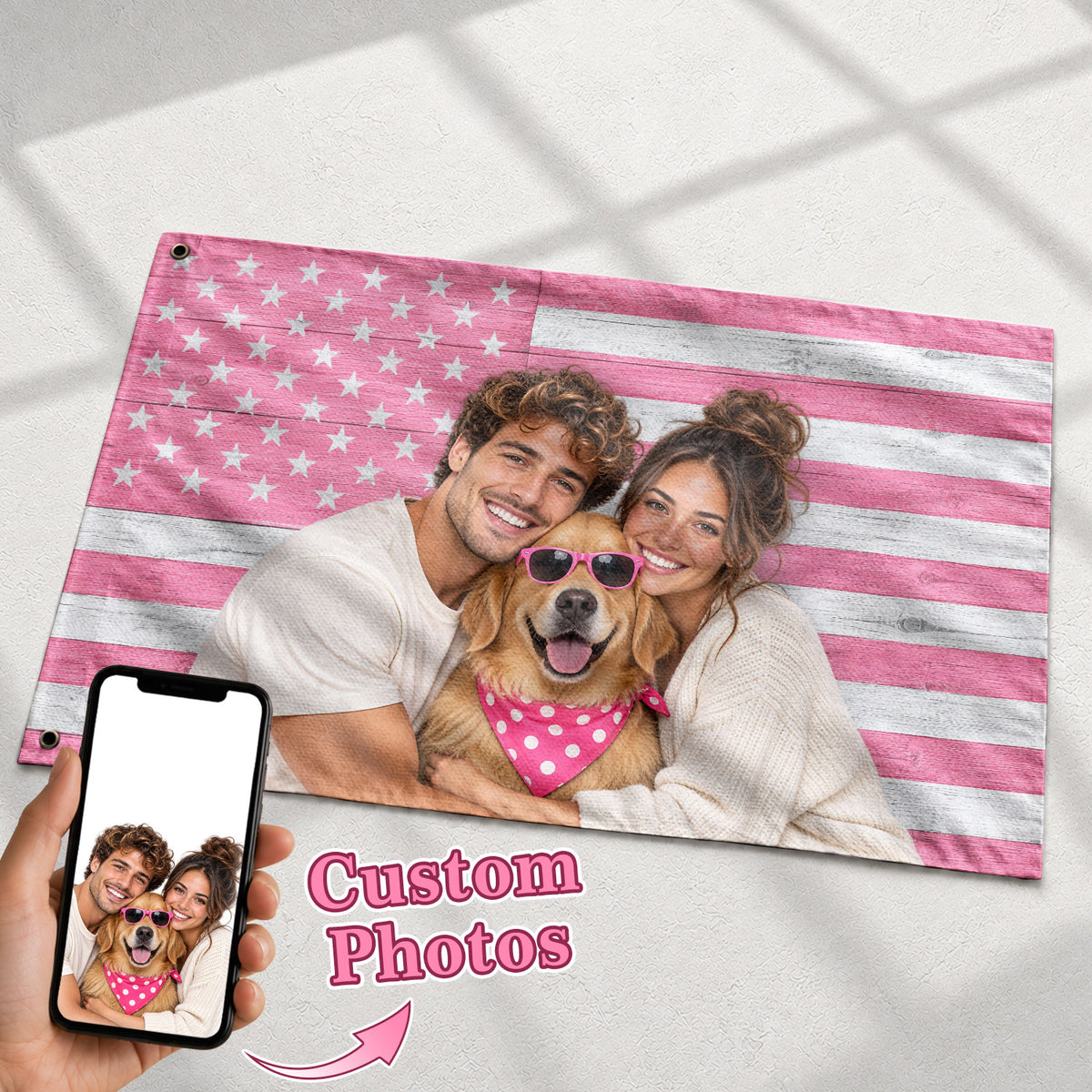 Custom American Flag with Photo Personalized Pink Wood Texture Picture Flag USA Decor