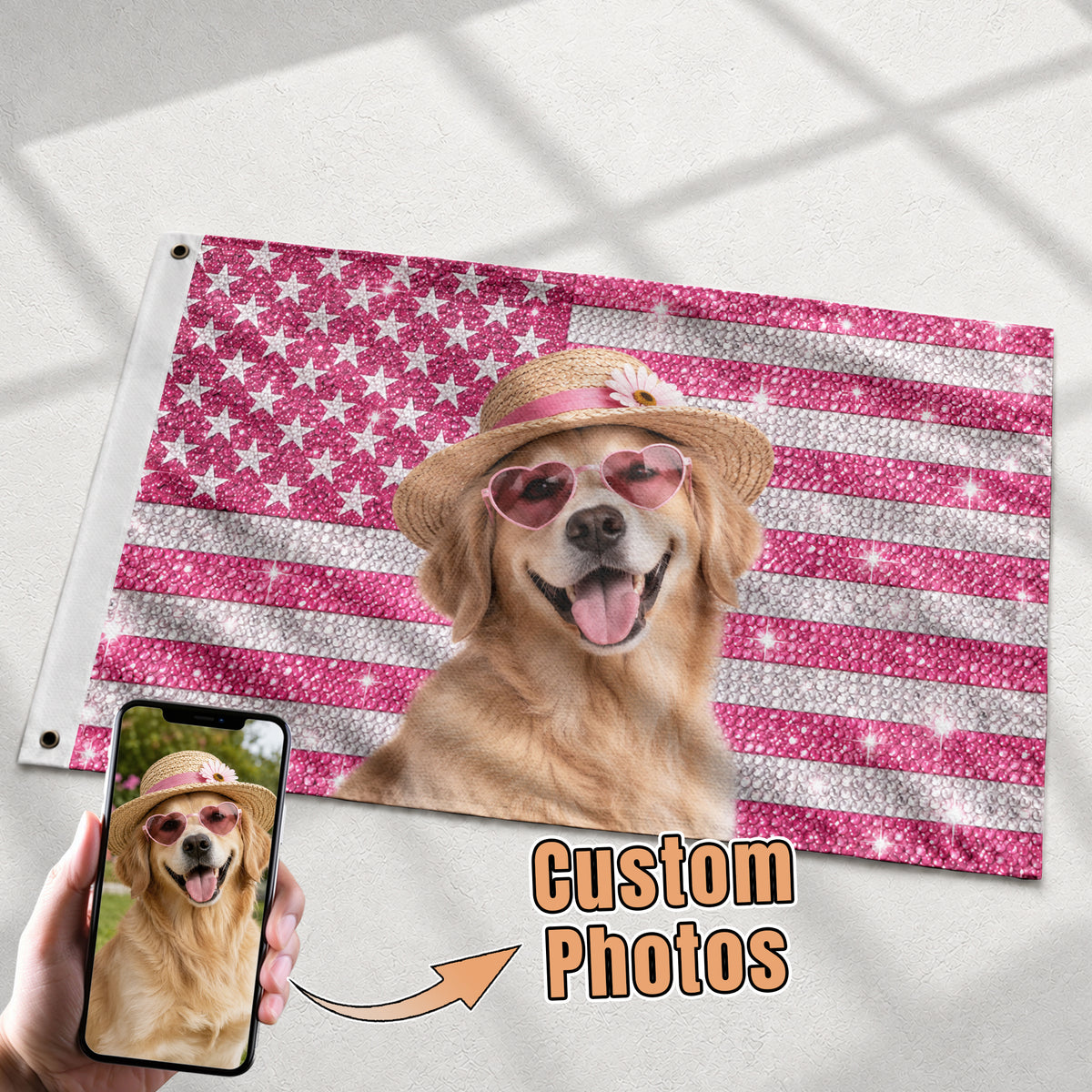 Custom Pink Rhinestone USA Flag Woman Dog Couple Friends Photo Banner Display Piece