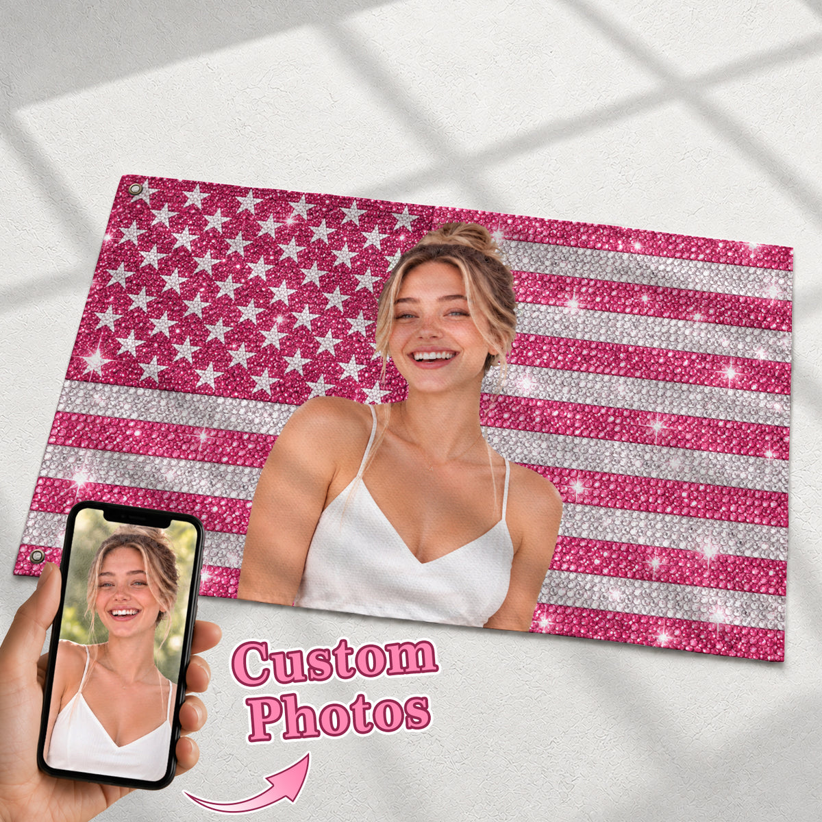 Pink Rhinestone Portrait Photo Collage Custom Flag with Picture, Pink American Flag Custom, Pink Flag Custom, Rustfield Co. - Rust Field Wear