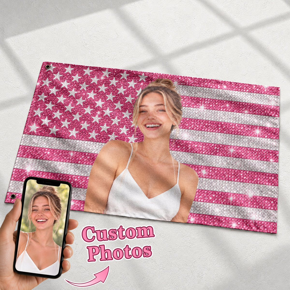 Custom Pink Rhinestone USA Flag Woman Dog Couple Friends Photo Banner Display Piece