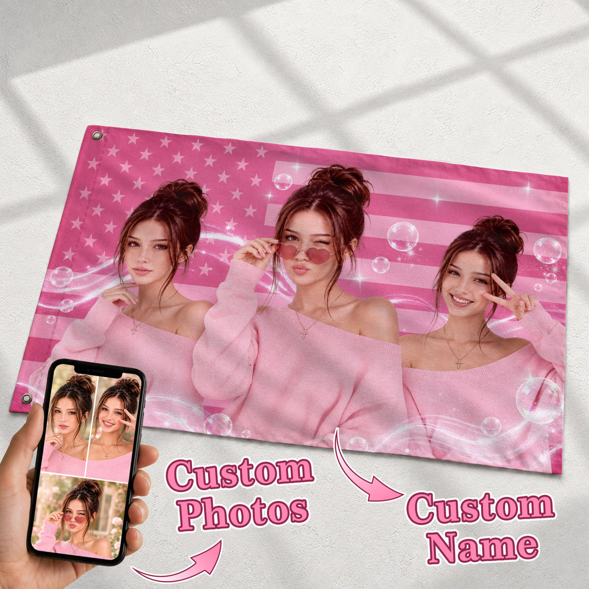 Personalized Pink Butterfly Portrait Photo Collage Custom Flag with Picture, Pink Flag Custom, Pink American Flag Custom, Rustfield Co. - Rust Field Wear