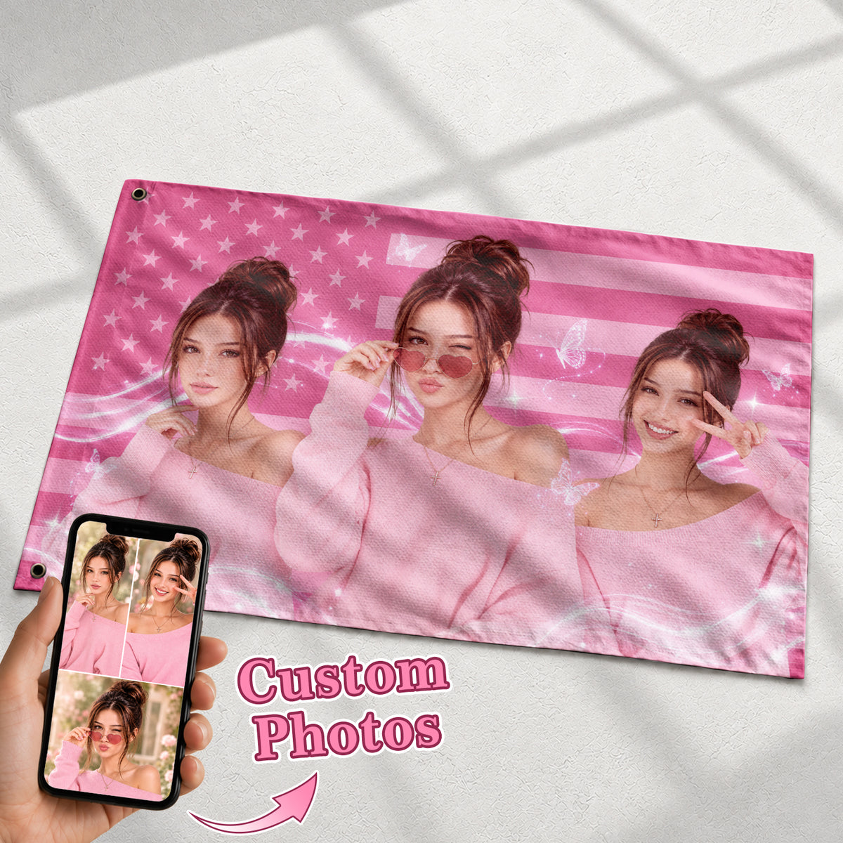 Custom Pink USA Flag Butterfly Photo Collage Banner Wall Art Hanging Tapestry Piece