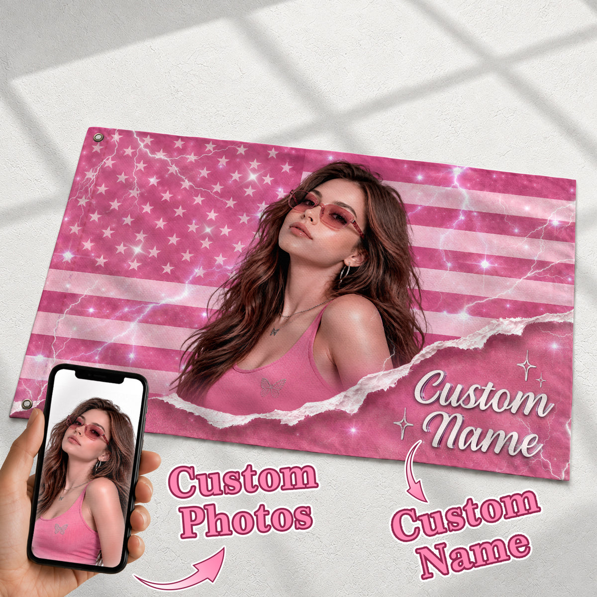 Custom Pink USA Flag Name Portrait Photo Collage Banner Wall Art Hanging Tapestry Piece - Rust Field Wear