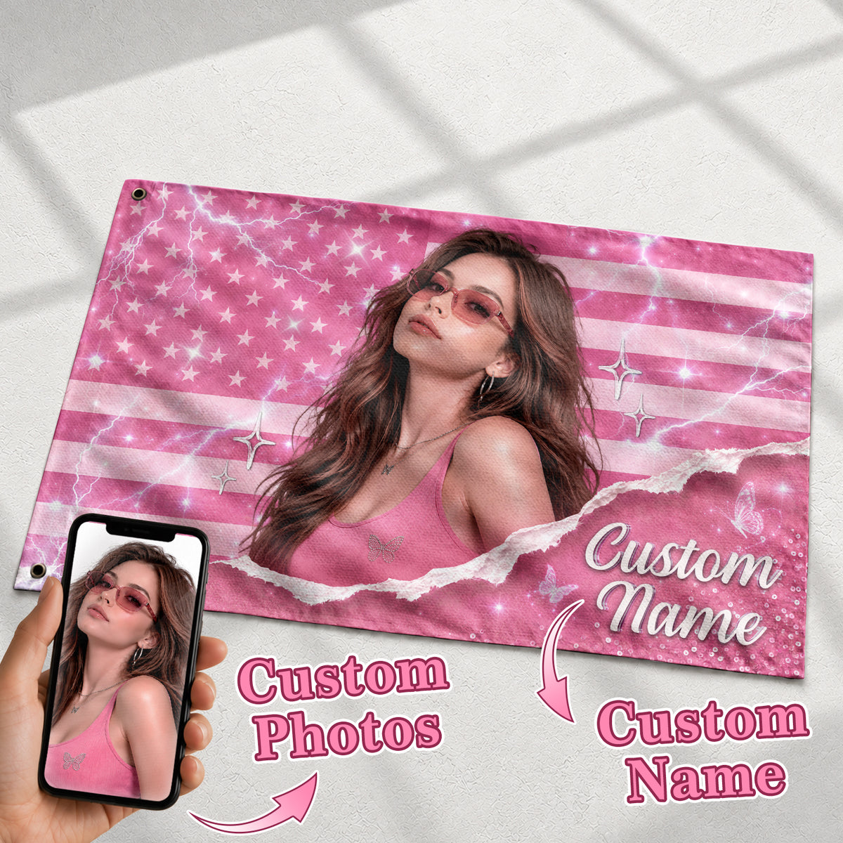 Custom Pink USA Flag Name Portrait Photo Collage Banner Wall Art Hanging Tapestry Piece - Rust Field Wear