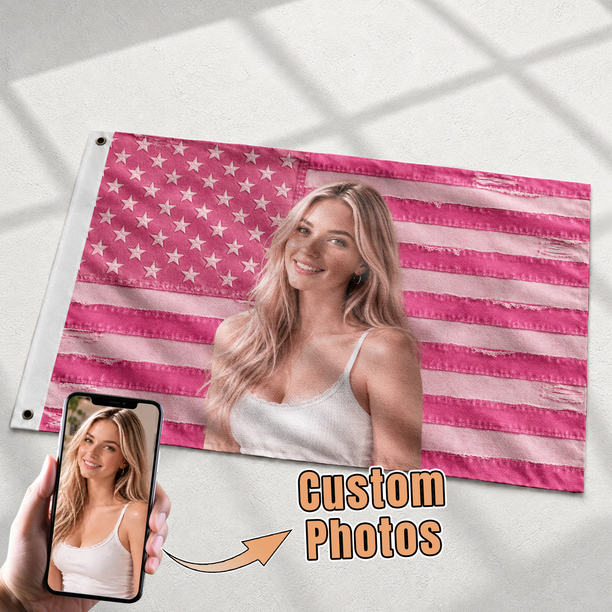 Custom Pink Distressed USA Flag Portrait Photo Collage Banner Wall Art Tapestry Piece