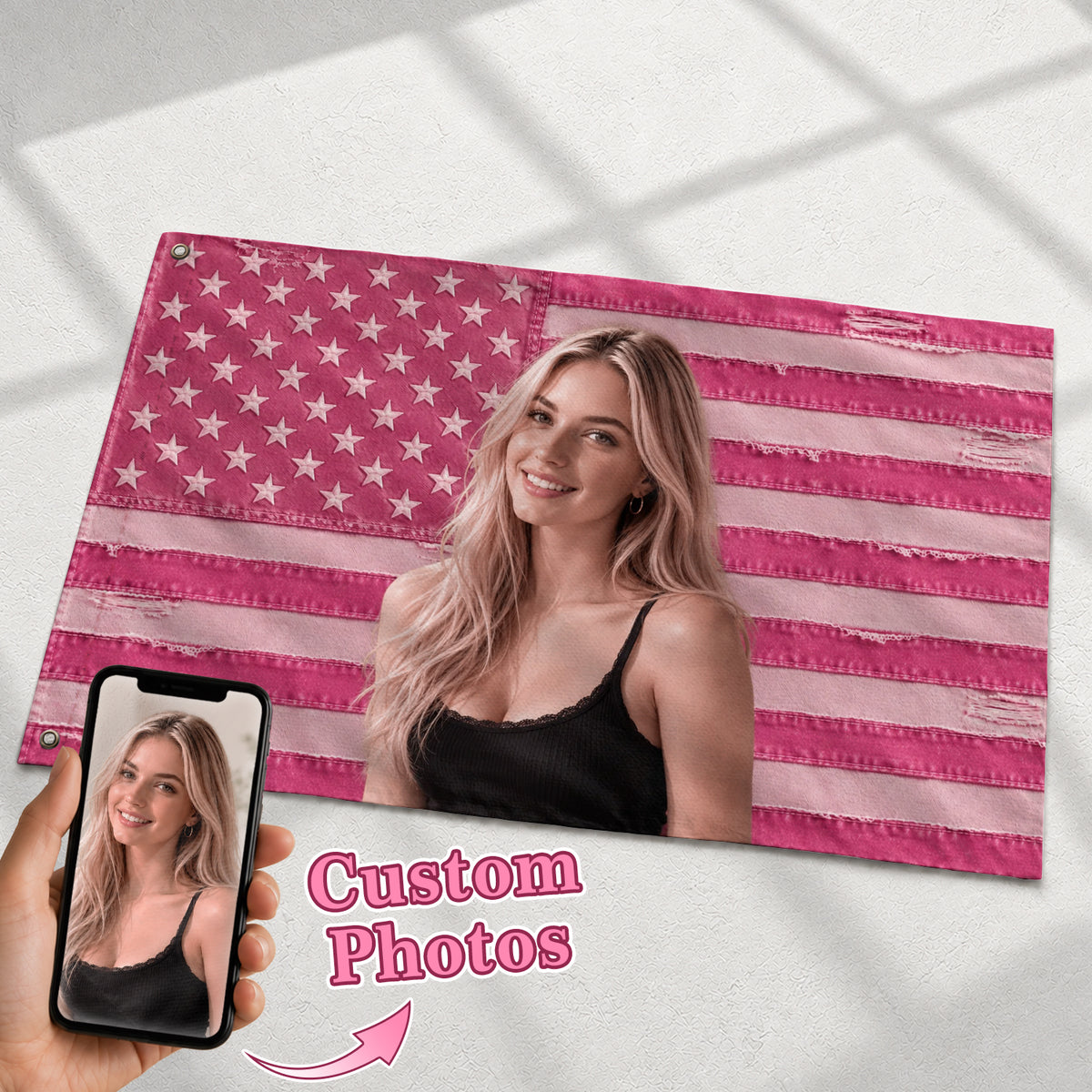 Custom Pink Distressed USA Flag Portrait Photo Collage Banner Wall Art Tapestry Piece - Rust Field Wear