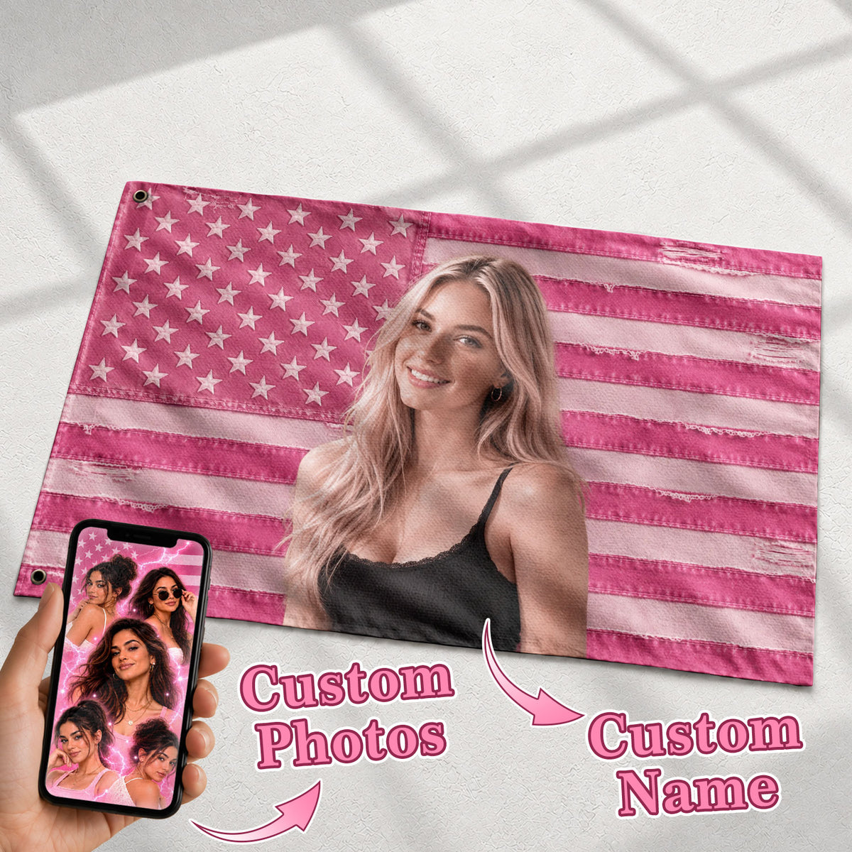 Custom Pink Distressed USA Flag Portrait Photo Collage Banner Wall Art Tapestry Piece