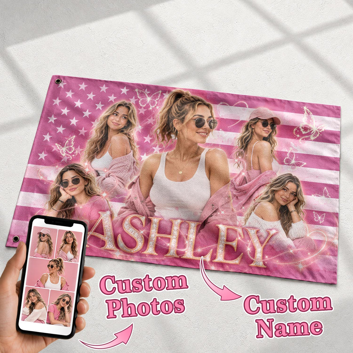 Custom Photo American Flag Pink Glitter Butterfly Personalised Name Picture USA Flag - Rust Field Wear