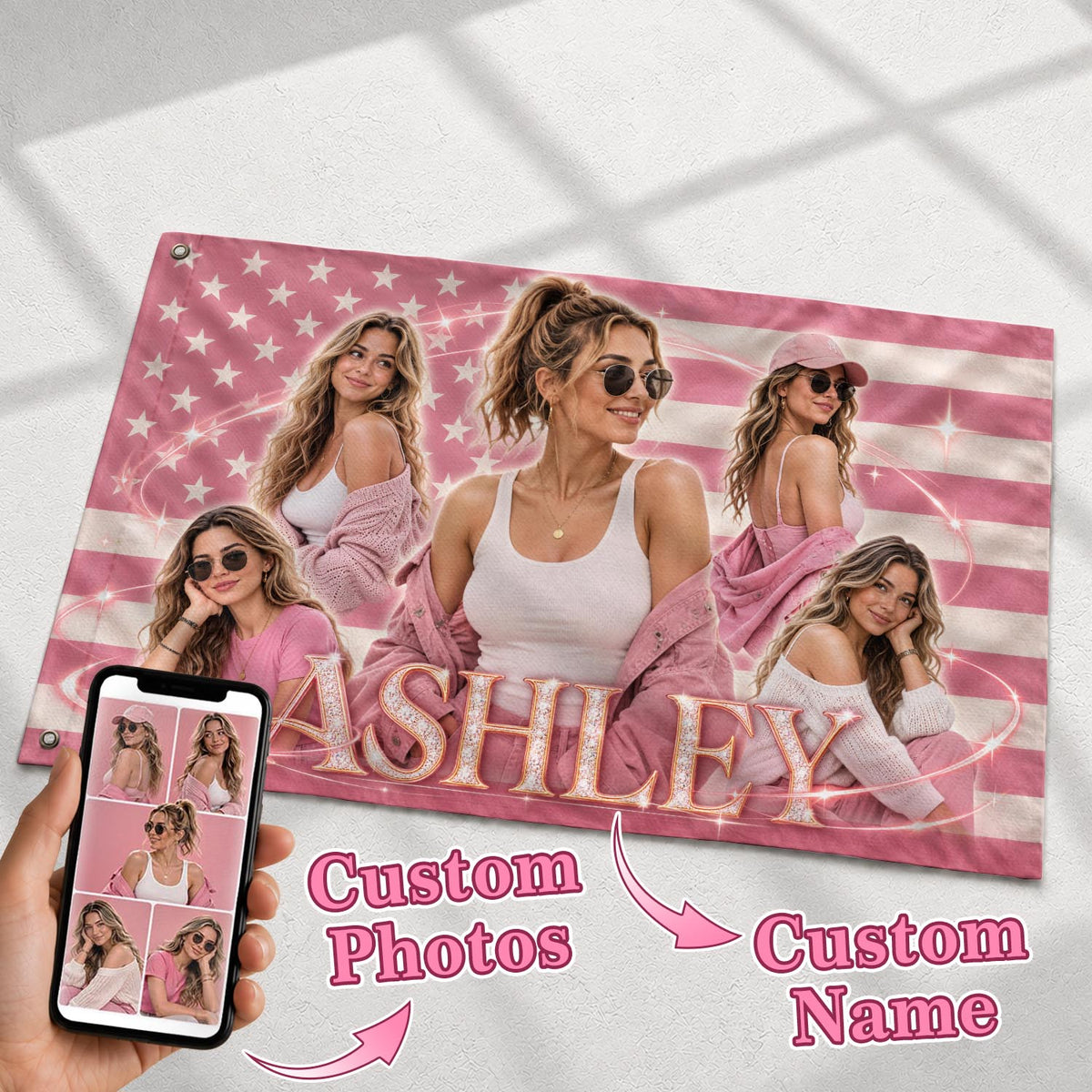 Custom Photo American Flag Pink Glitter Butterfly Personalised Name Picture USA Flag - Rust Field Wear