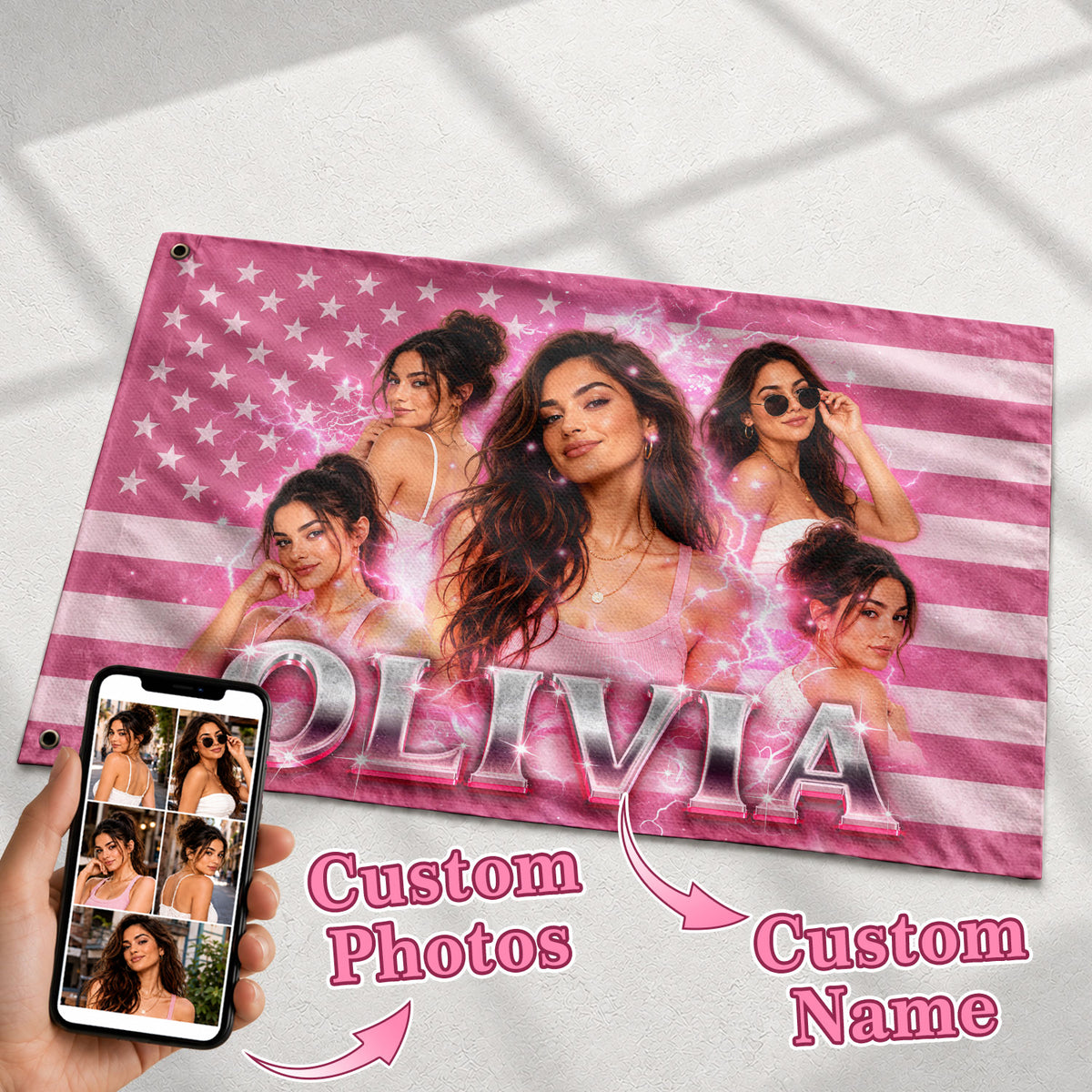 Custom Photo American Flag Personalized Pink Lightning Name USA Picture Flag Gift - Rust Field Wear