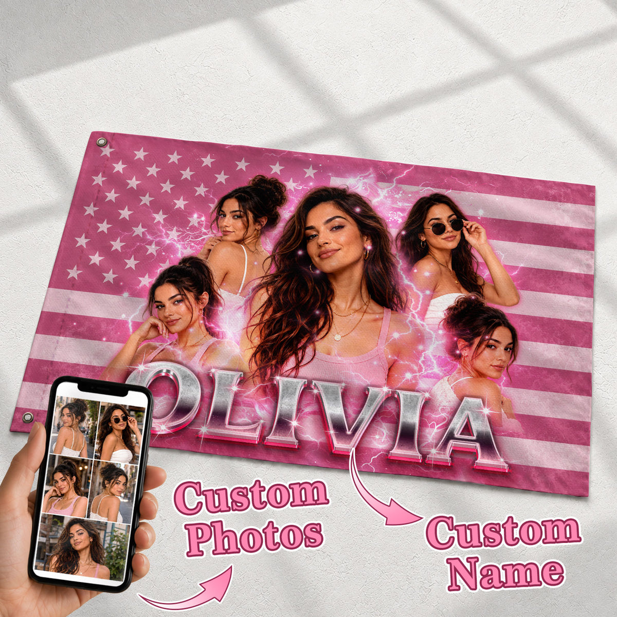 Custom Photo American Flag Personalized Pink Lightning Name USA Picture Flag Gift - Rust Field Wear