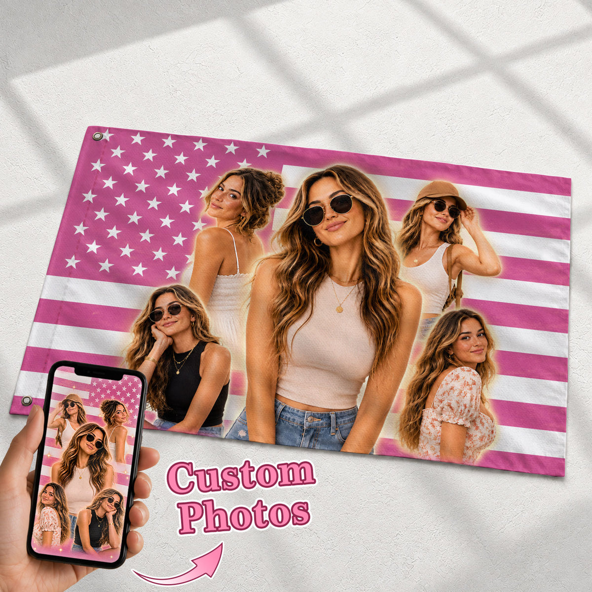 Custom Photo American Flag Pink Sparkle Personalized Picture USA Flag Banner Gift - Rust Field Wear