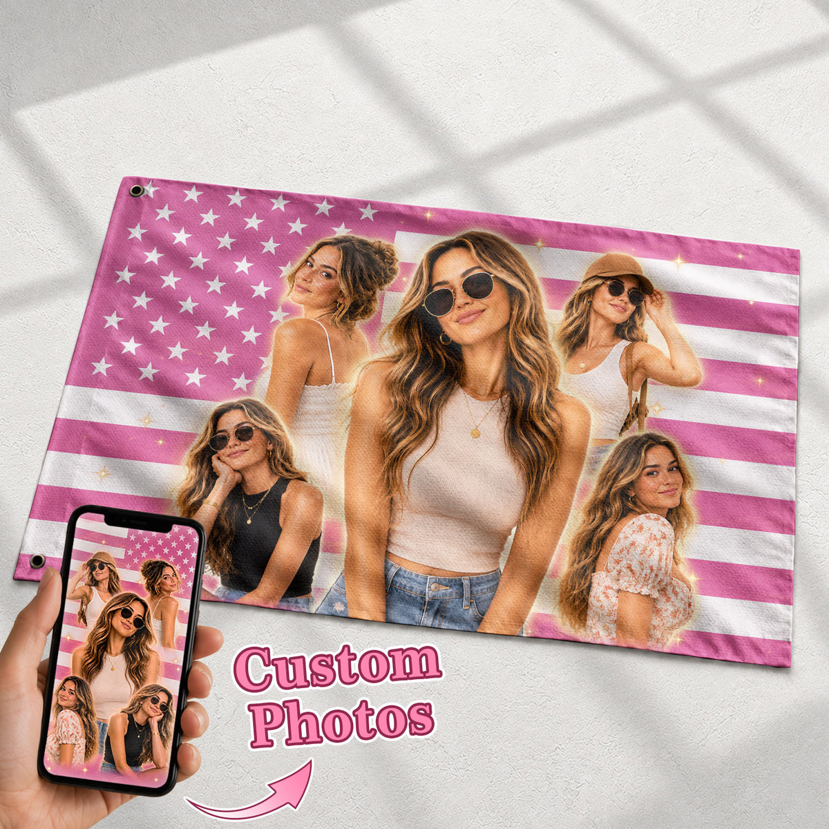 Custom Photo American Flag Pink Sparkle Personalized Picture USA Flag Banner Gift - Rust Field Wear