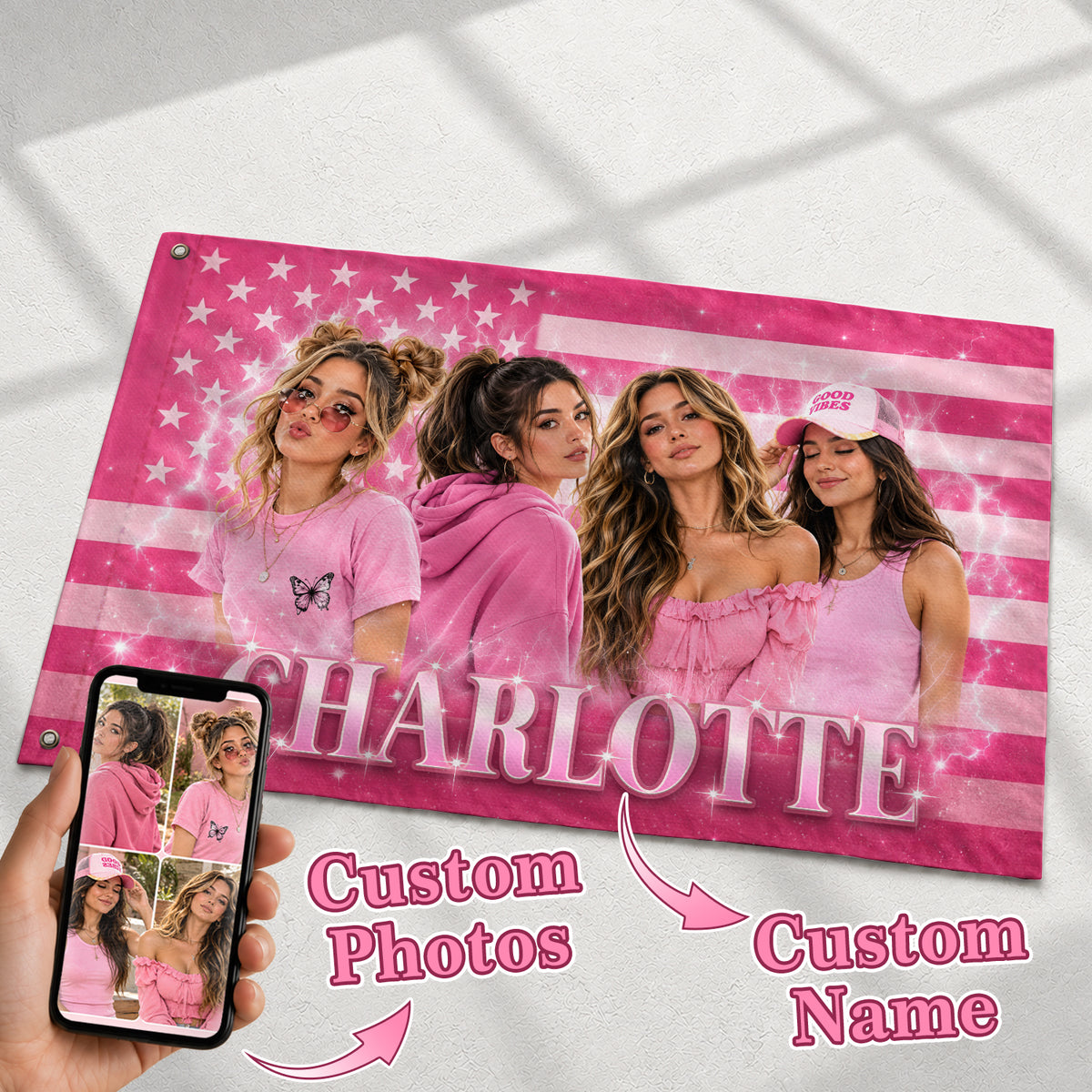 Custom Name Photo Collage Flag American Stars Stripes Wall Hanging Display Banner - Rust Field Wear
