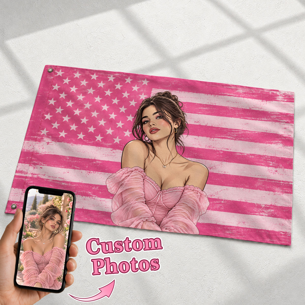 Custom Portrait Photo Flag American Stars Stripes Distressed Wall Hanging Banner - Rust Field Wear
