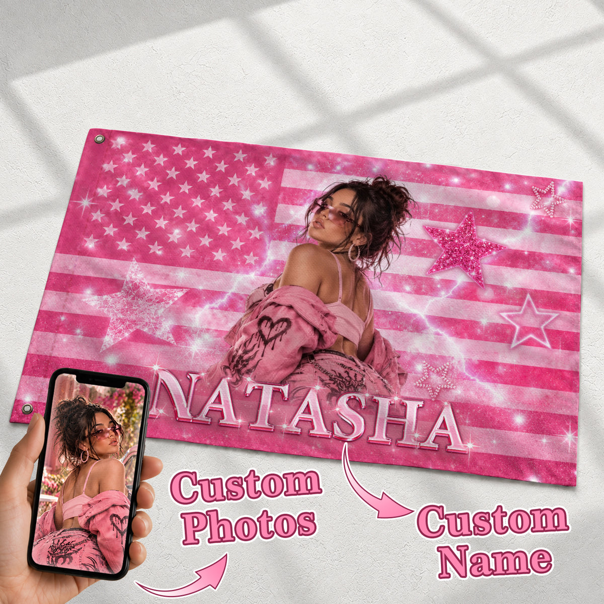 Custom Name Photo Flag American Stars Sparkle Glitter Wall Hanging Display Banner - Rust Field Wear