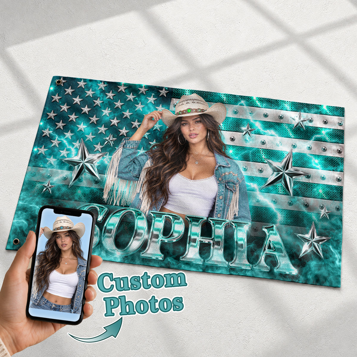 Aesthetic Teal American Flag Custom Photo Graphic Banner Retro Wall Hanging Display - Rust Field Wear