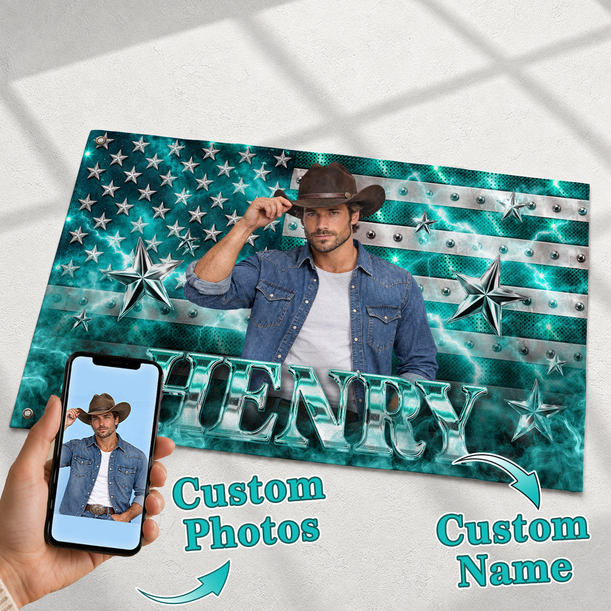 Teal Electric Smoke Metallic Star Photo Collage American Flag Custom, Custom Flag with Picture for Personalized Decor, Rustfield Co. - Rust Field Wear