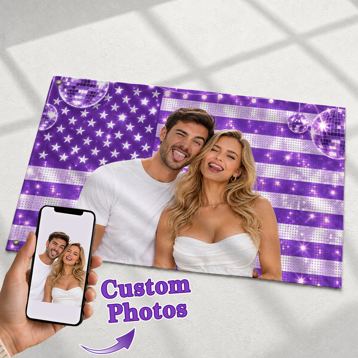 Vibrant Purple American Flag Custom Photo Graphic Banner Retro Wall Hanging Display - Rust Field Wear